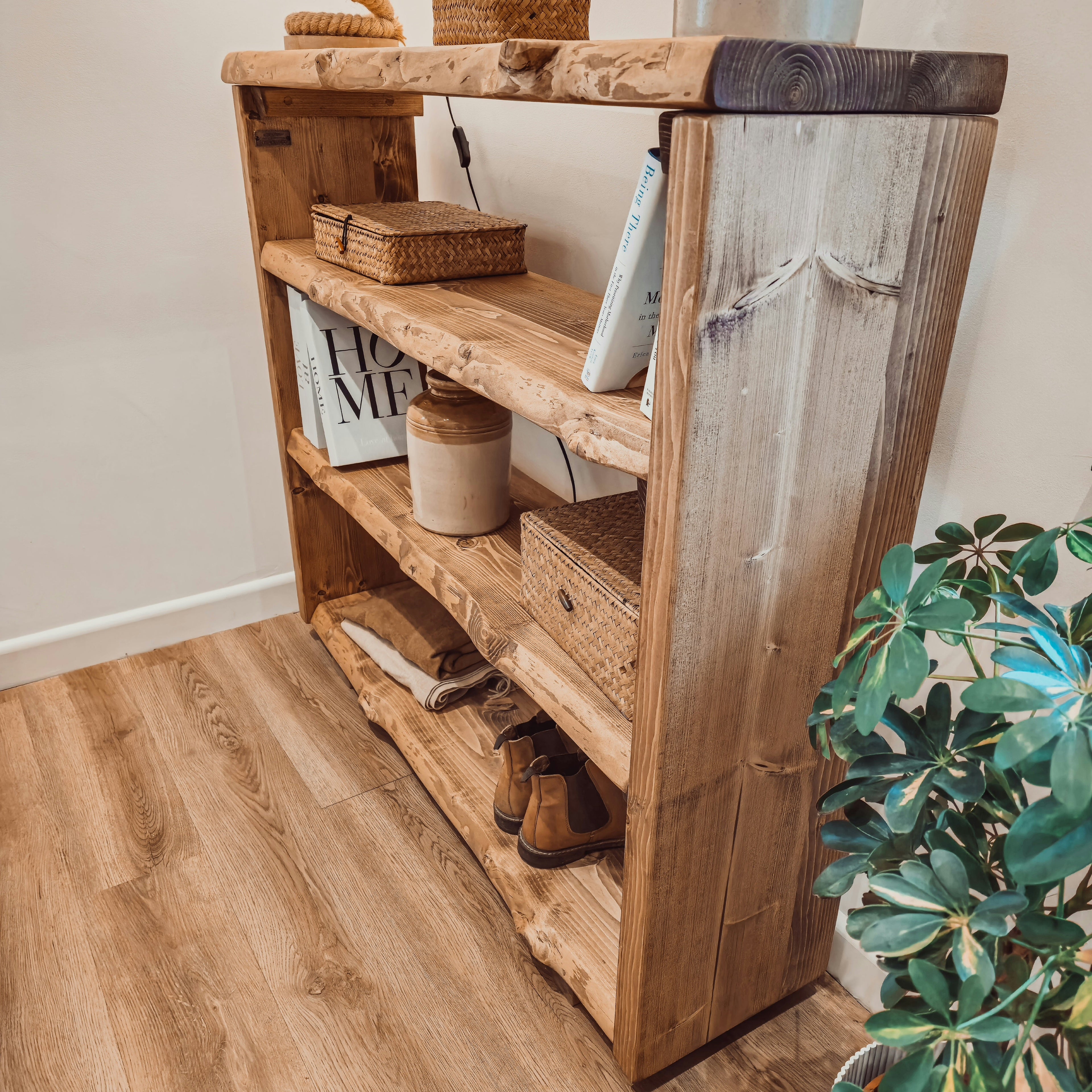 Live Edge Bookshelf / Shelving Unit / Waney Edge Bookshelf / Living Room Storage / Live Edge Shoe Storage Rustic Storage Unit Solid Wood Cottage Style - My Store