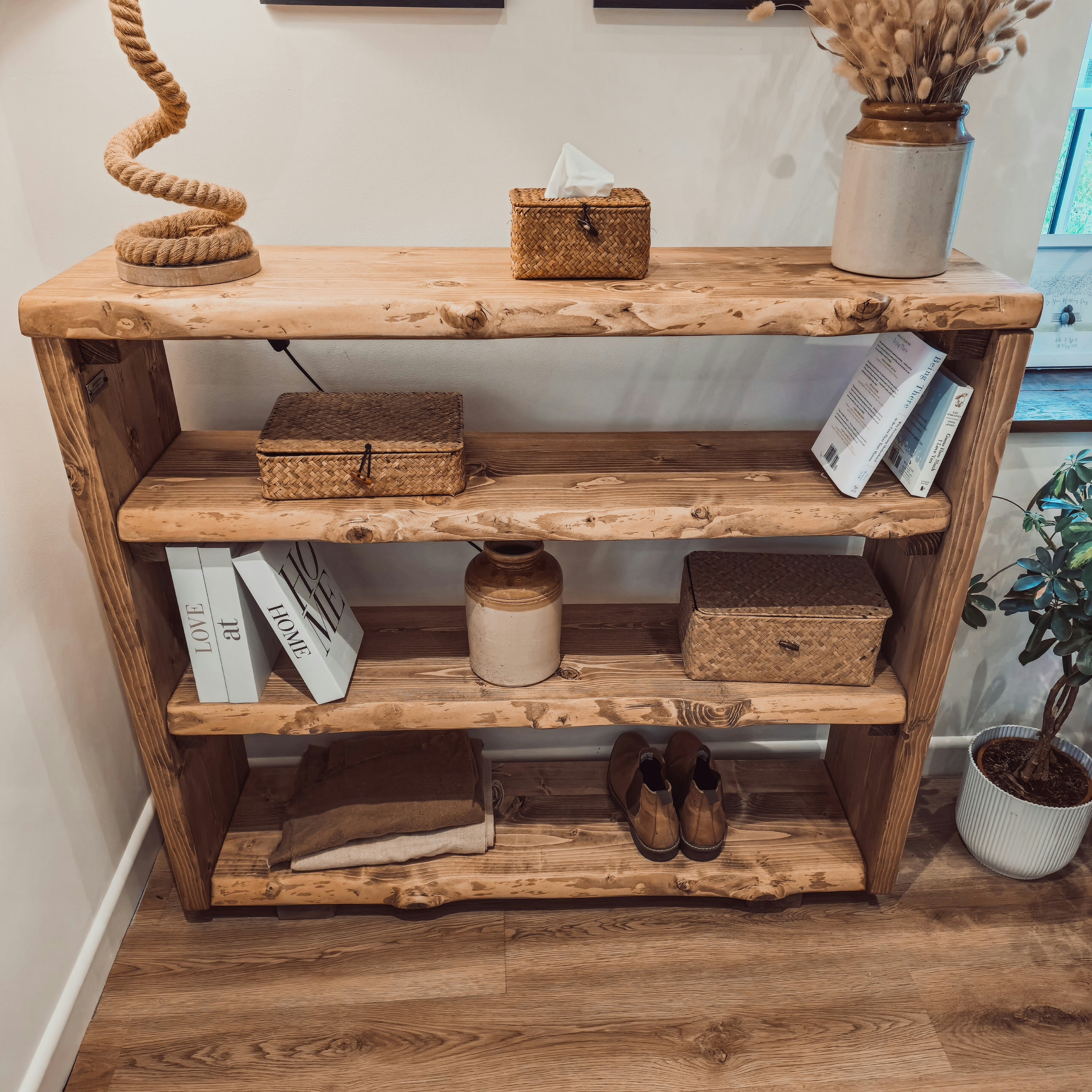 Live Edge Bookshelf / Shelving Unit / Waney Edge Bookshelf / Living Room Storage / Live Edge Shoe Storage Rustic Storage Unit Solid Wood Cottage Style - My Store