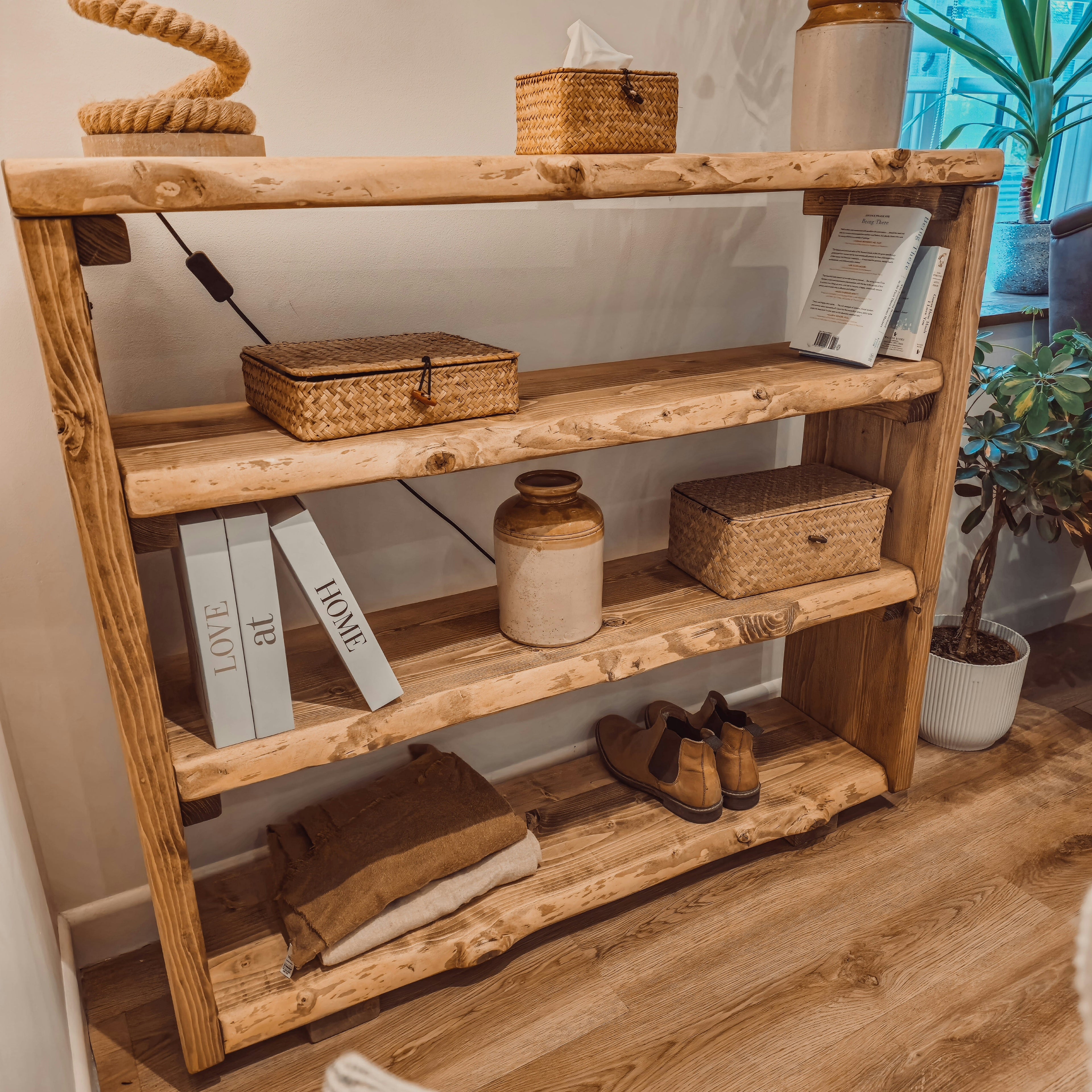 Live Edge Bookshelf / Shelving Unit / Waney Edge Bookshelf / Living Room Storage / Live Edge Shoe Storage Rustic Storage Unit Solid Wood Cottage Style - My Store
