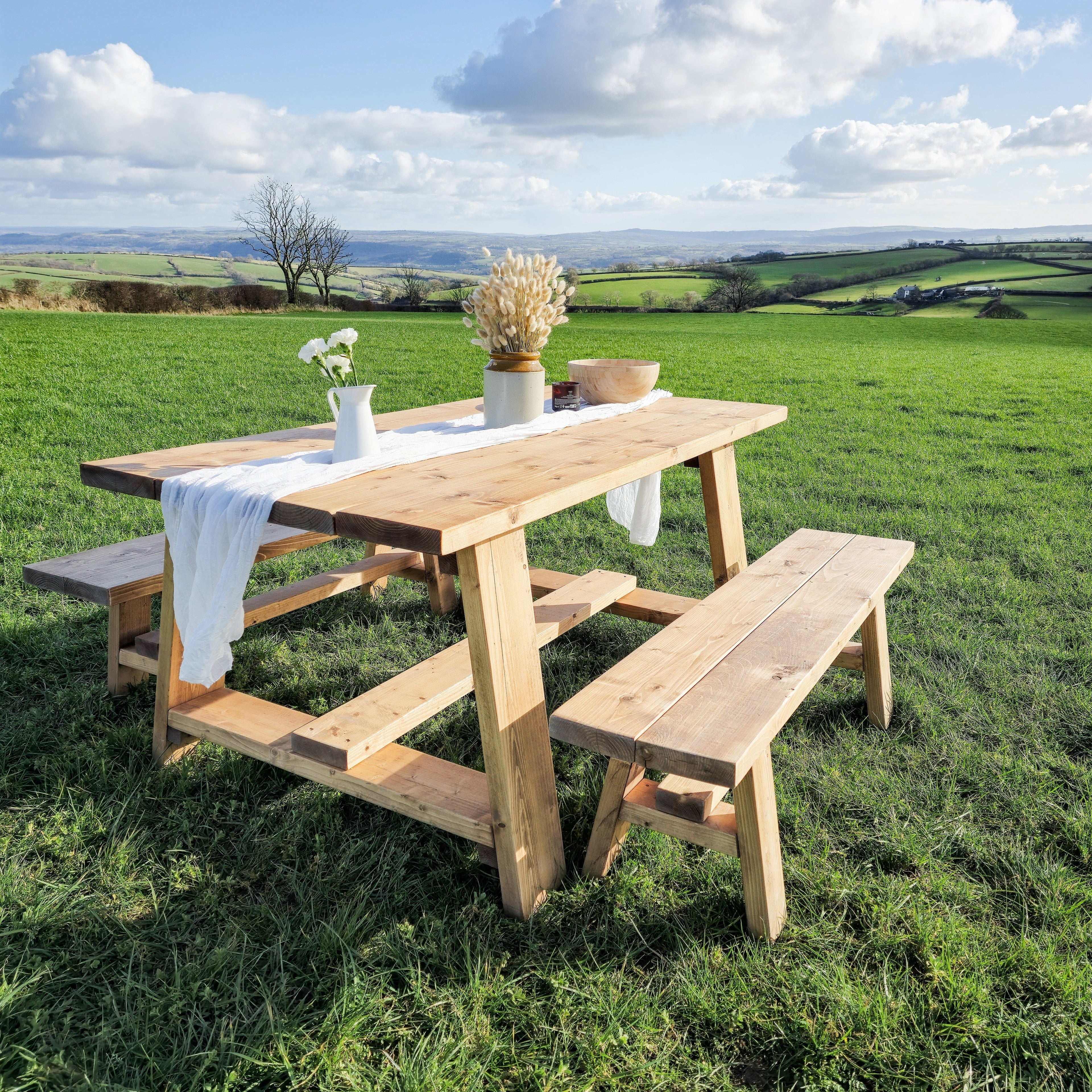 Farmhouse Outdoor Table With Timber Legs and Bench - My Store