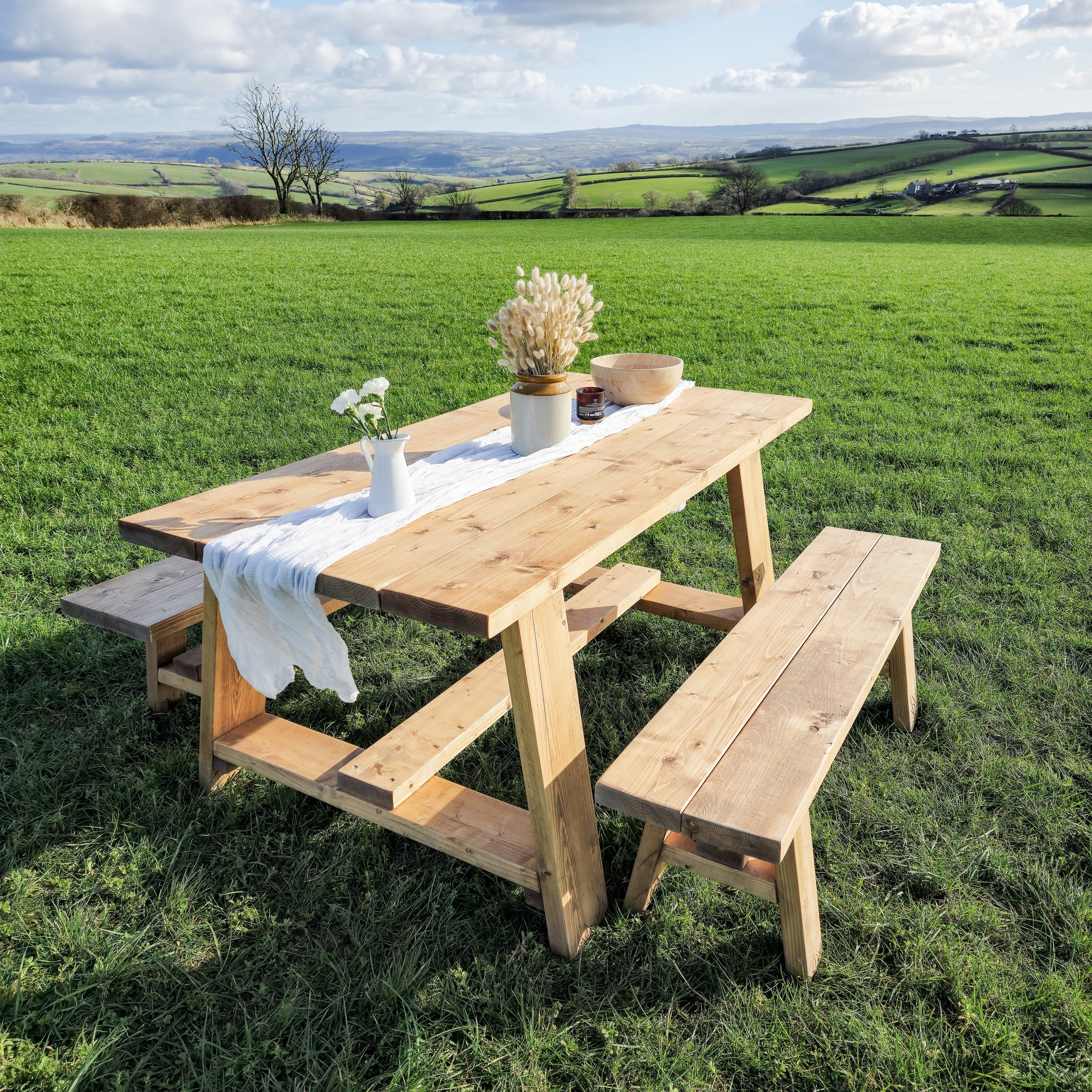 Farmhouse Outdoor Table With Timber Legs and Bench - My Store