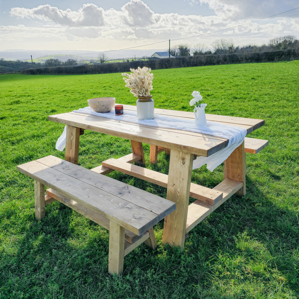 Farmhouse Outdoor Table With Timber Legs and Bench - My Store
