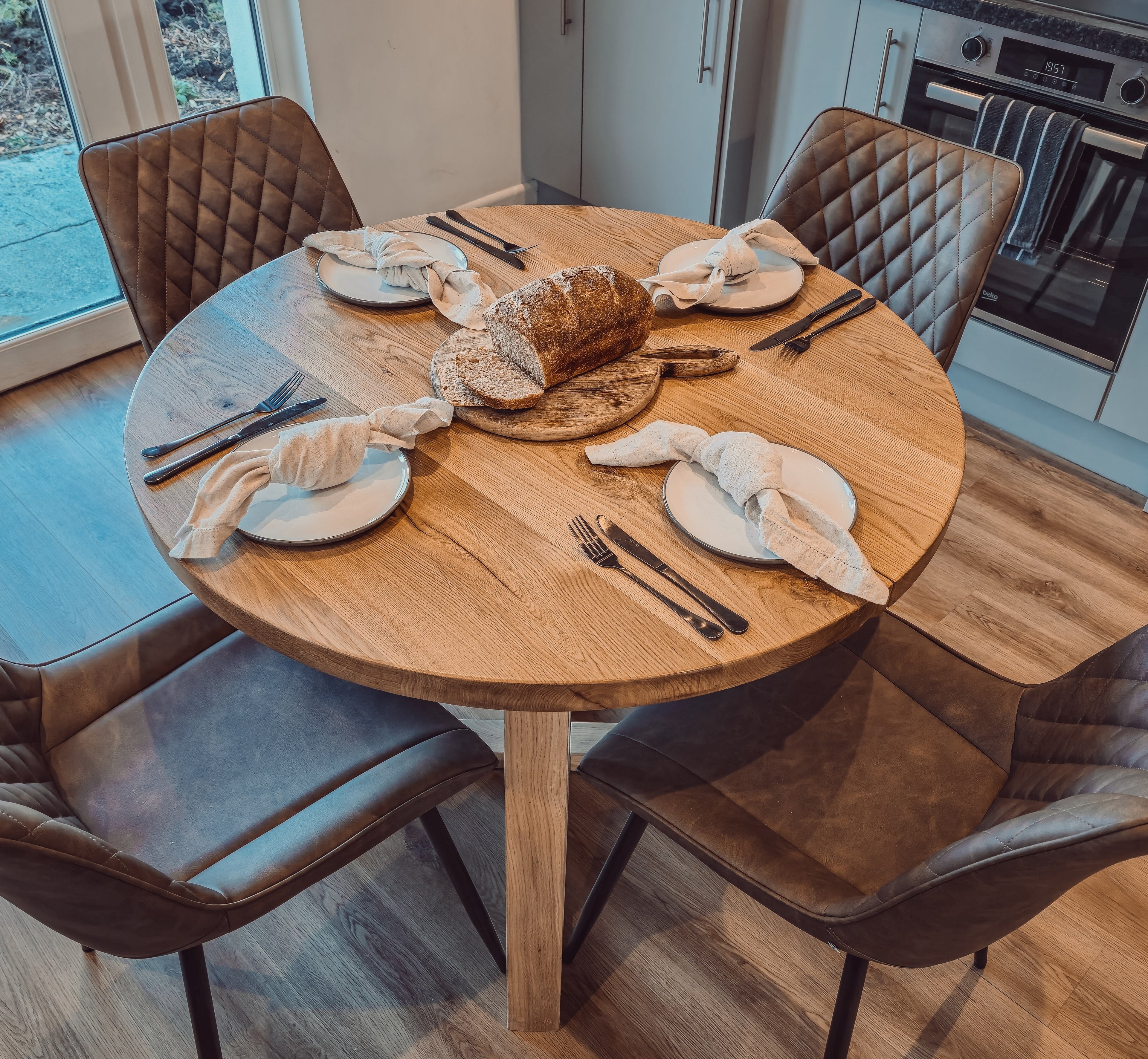 Solid Oak Round Dining Table With Wooden Legs and Leather Chairs - My Store