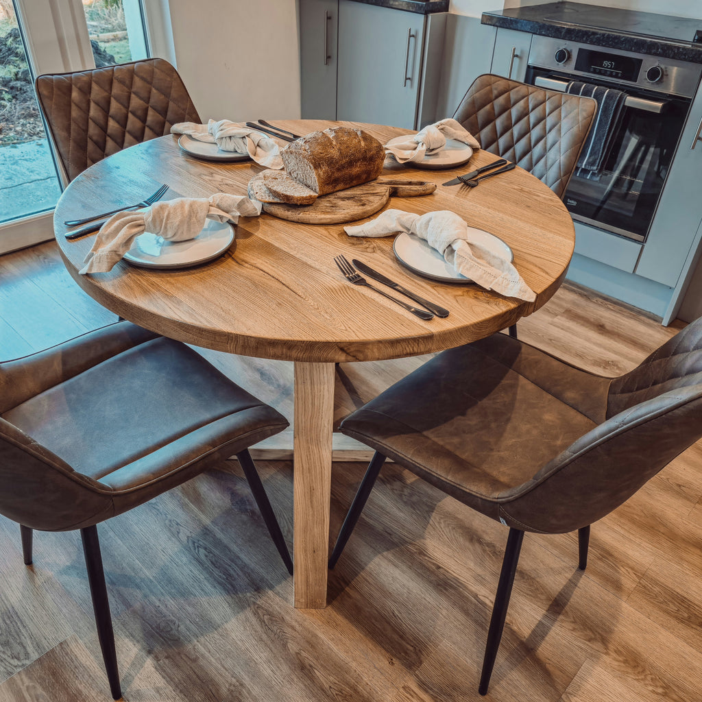 Solid Oak Round Dining Table With Wooden Legs and Leather Chairs - My Store