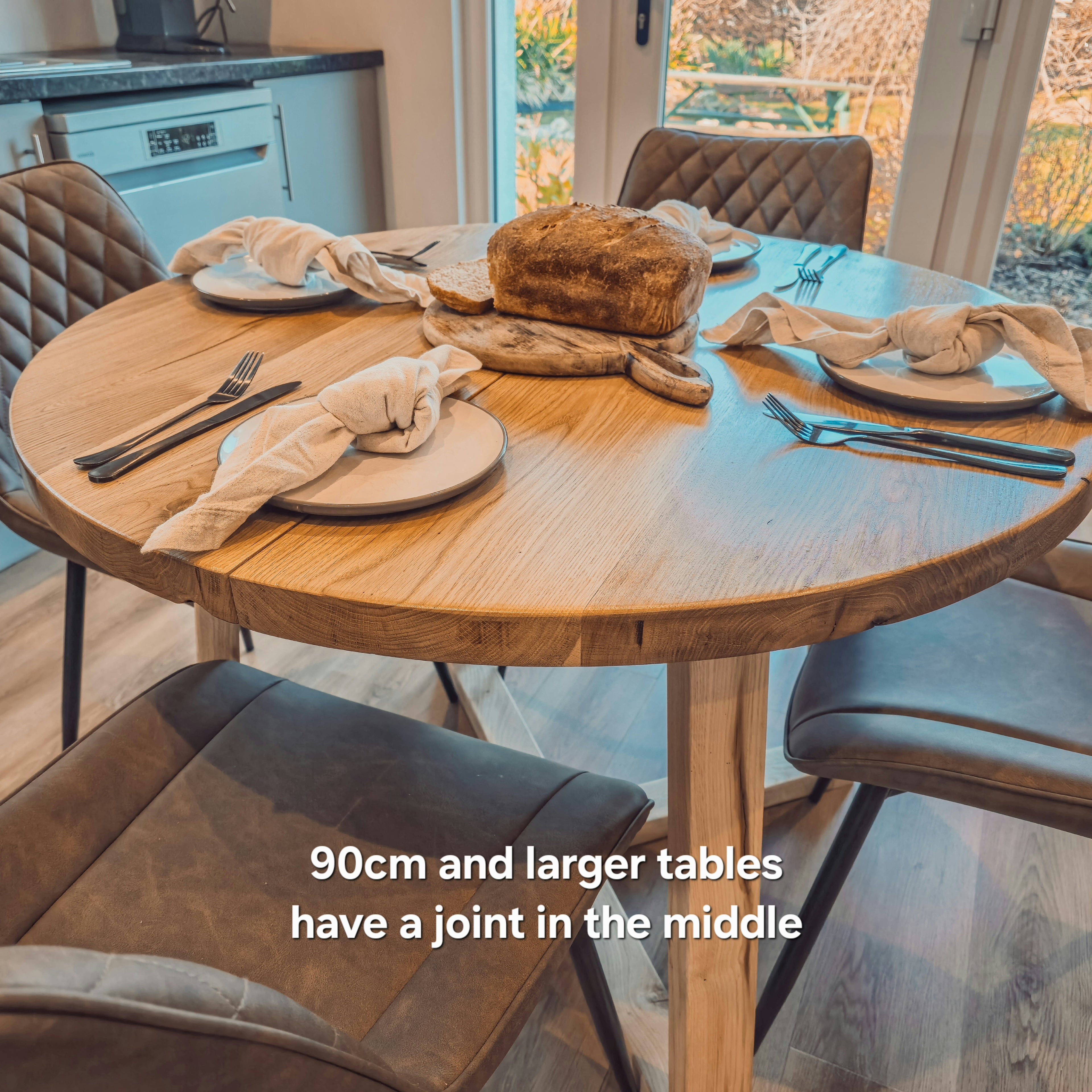 Solid Oak Round Dining Table With Wooden Legs and Leather Chairs - My Store