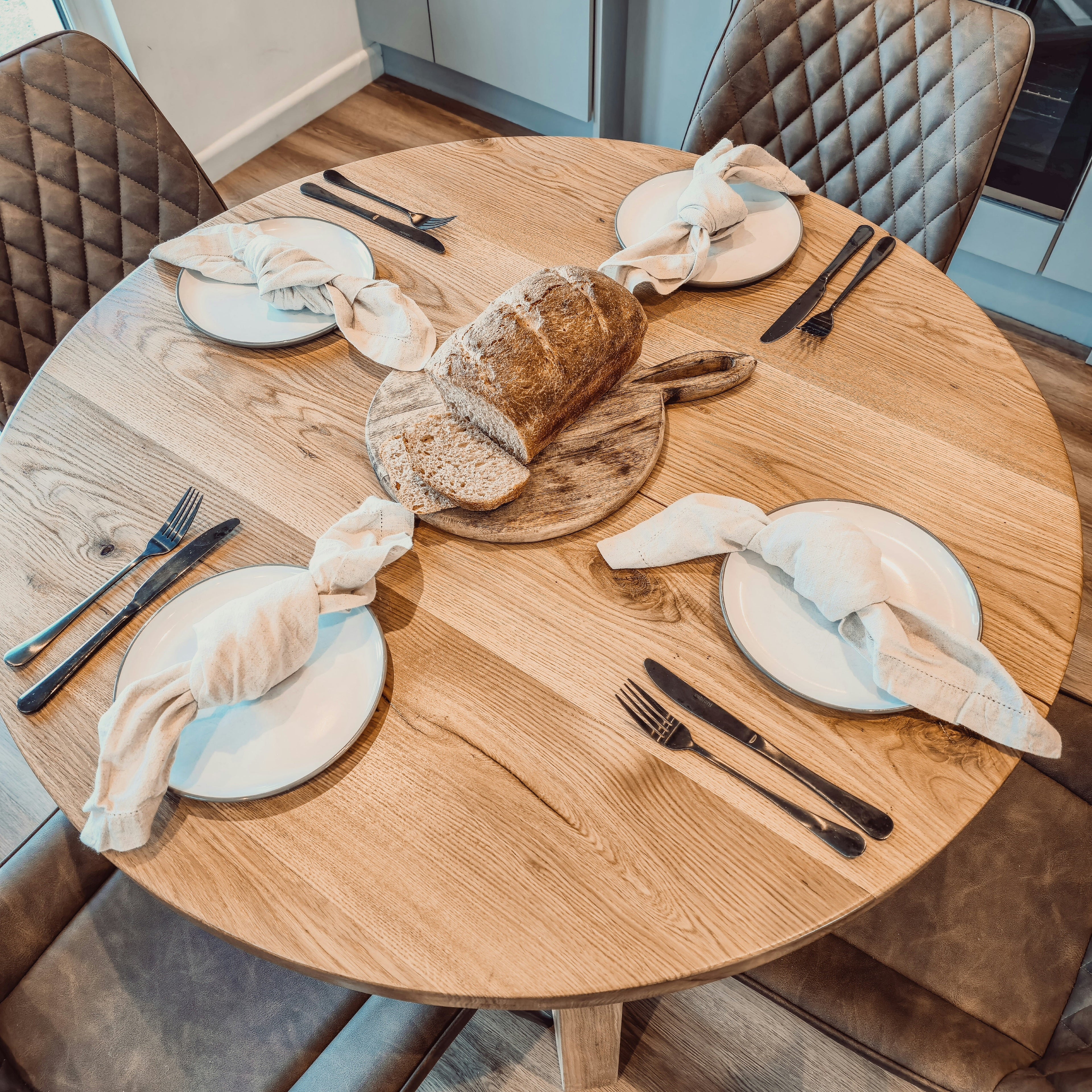 Solid Oak Round Dining Table With Wooden Legs and Leather Chairs - My Store