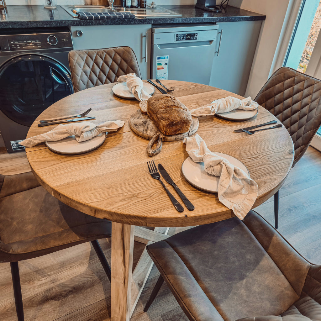 Solid Oak Round Dining Table With Wooden Legs and Leather Chairs - My Store