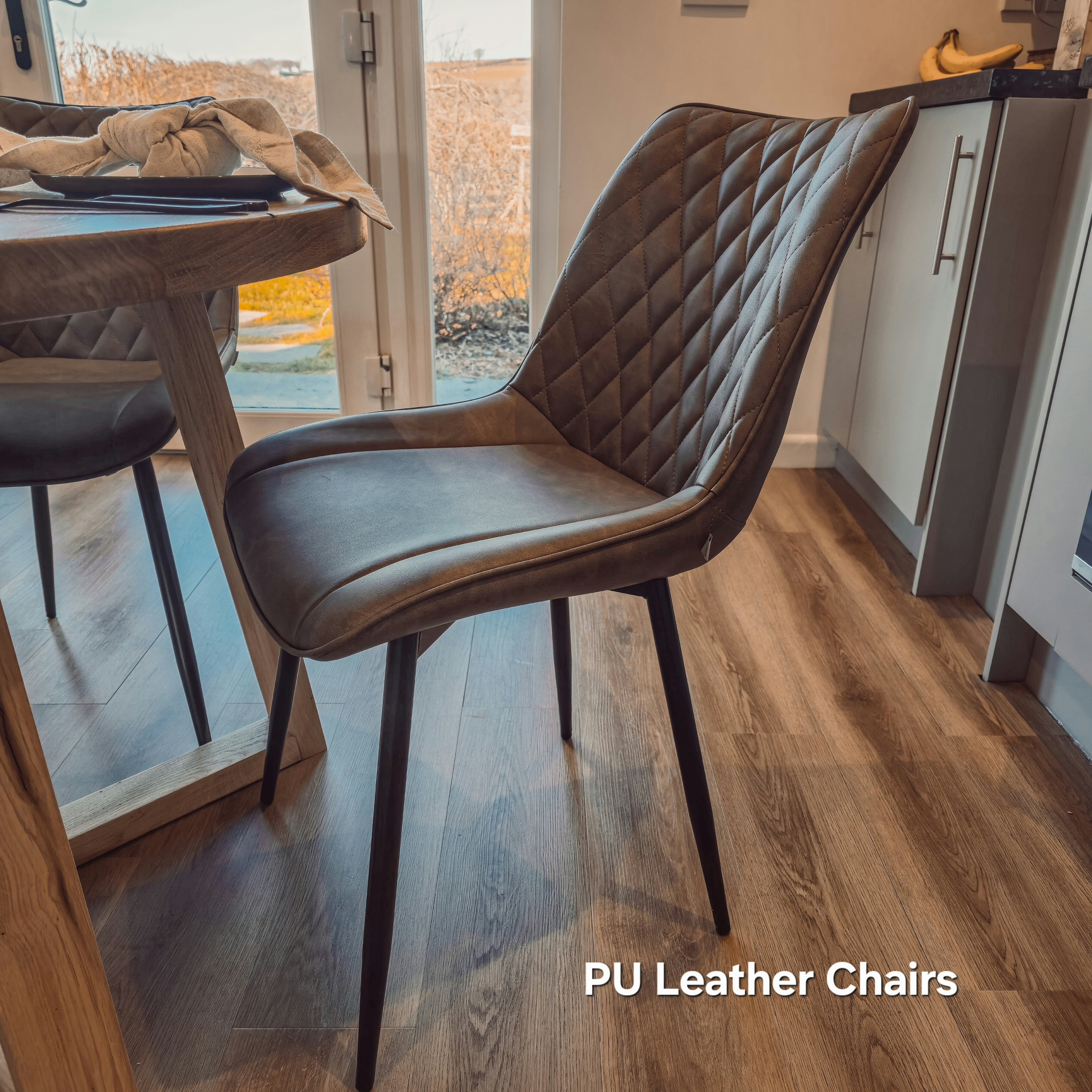 Solid Oak Round Dining Table With Wooden Legs and Leather Chairs - My Store