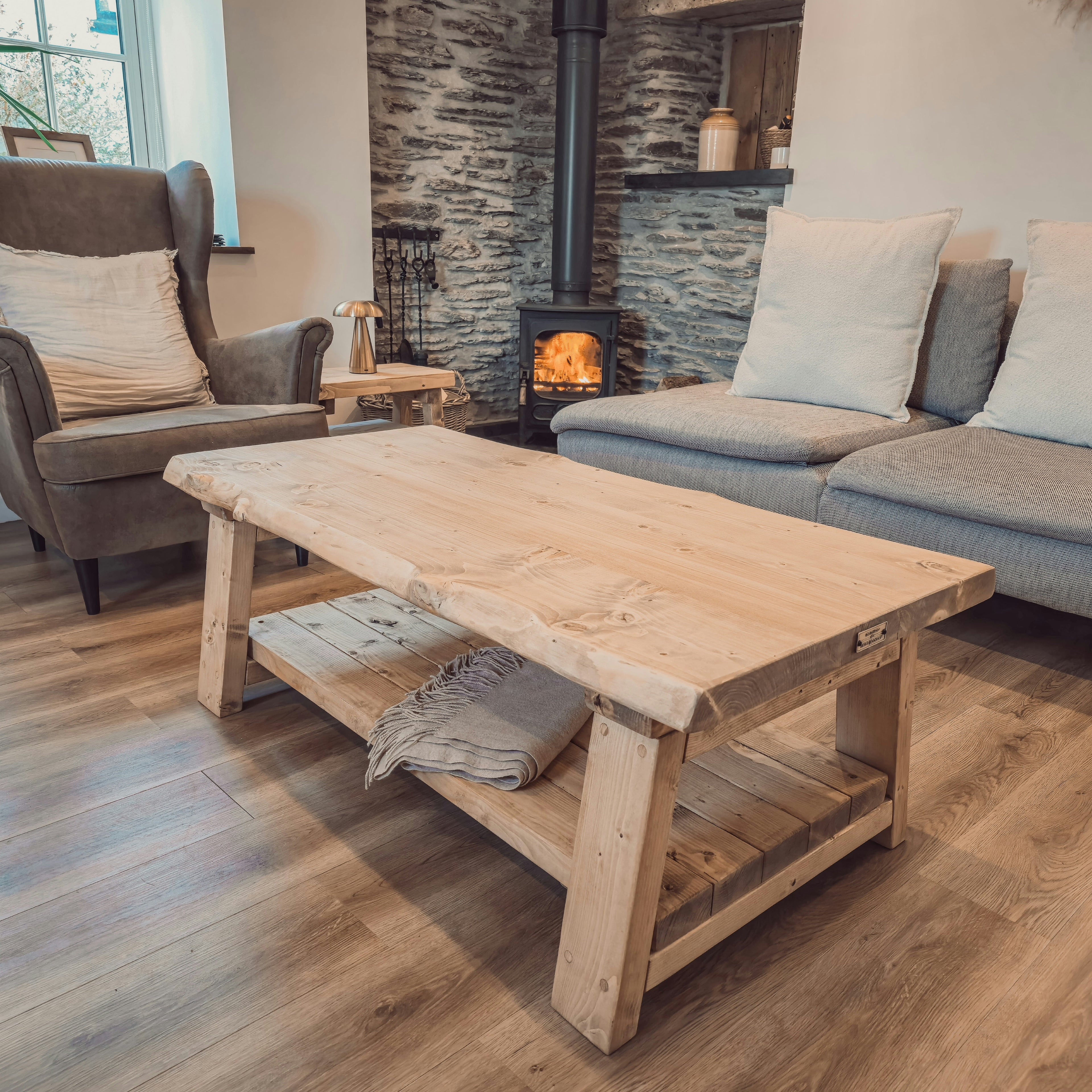 Cara Live Edge Rustic Wooden Coffee Table With Shelf - My Store
