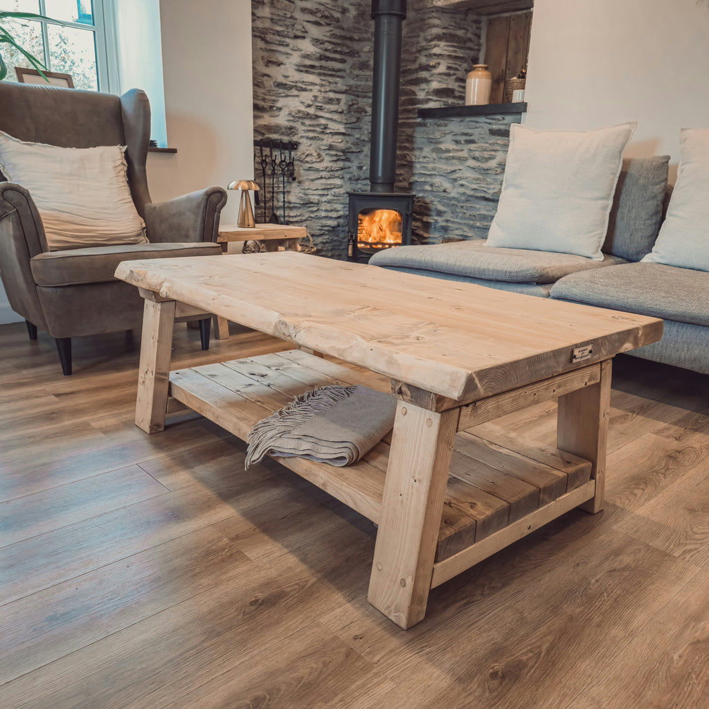 Cara Live Edge Rustic Wooden Coffee Table With Shelf - My Store