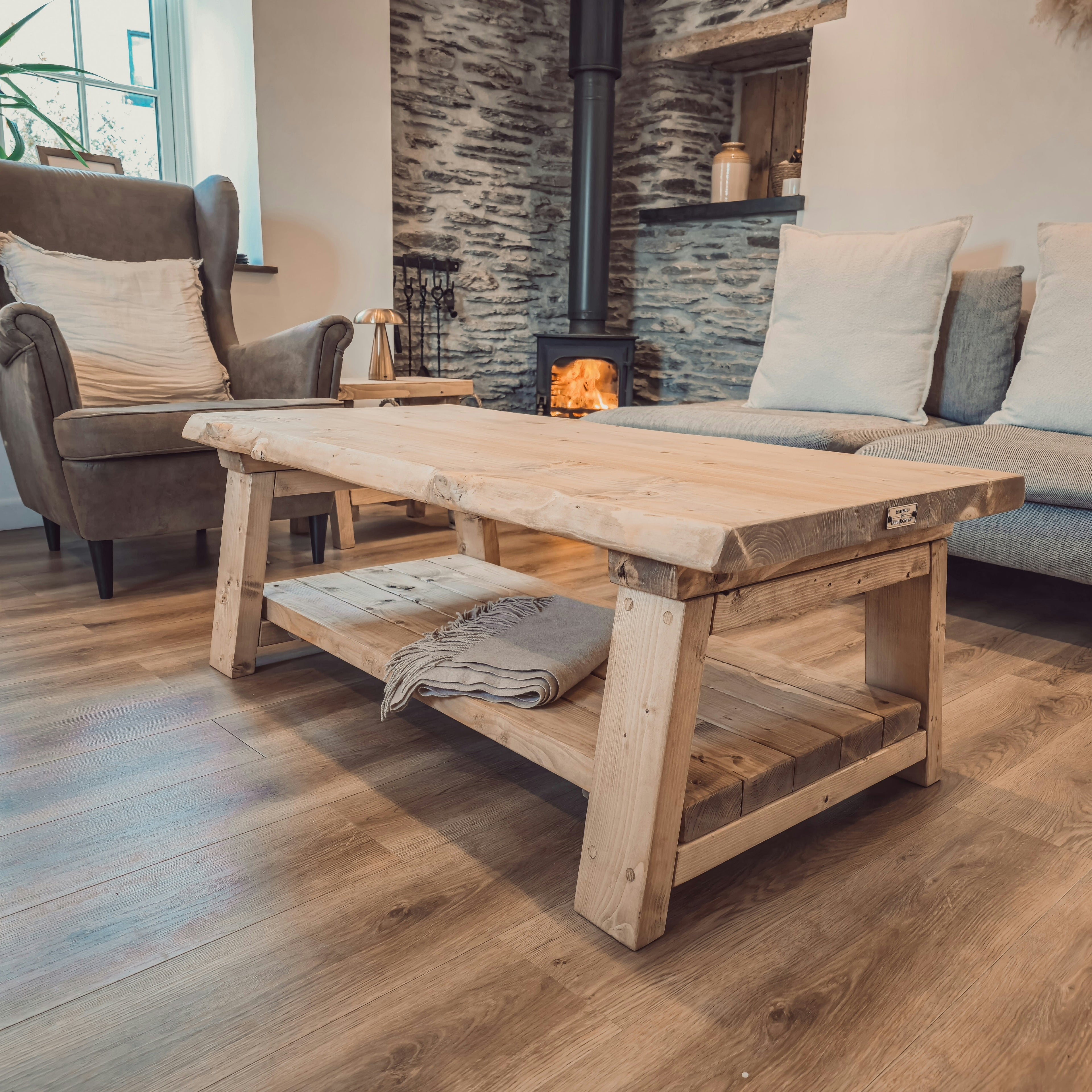 Cara Live Edge Rustic Wooden Coffee Table With Shelf - My Store