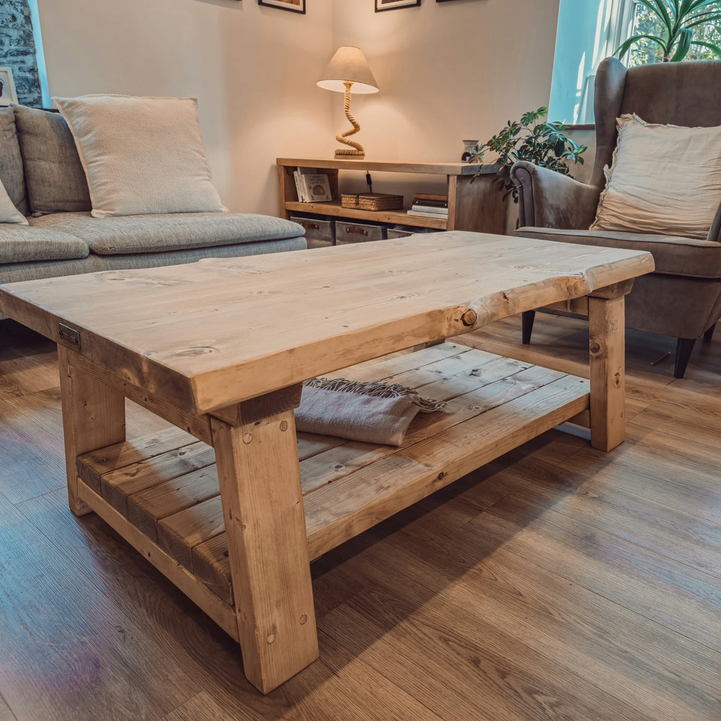 Cara Live Edge Rustic Wooden Coffee Table With Shelf - My Store