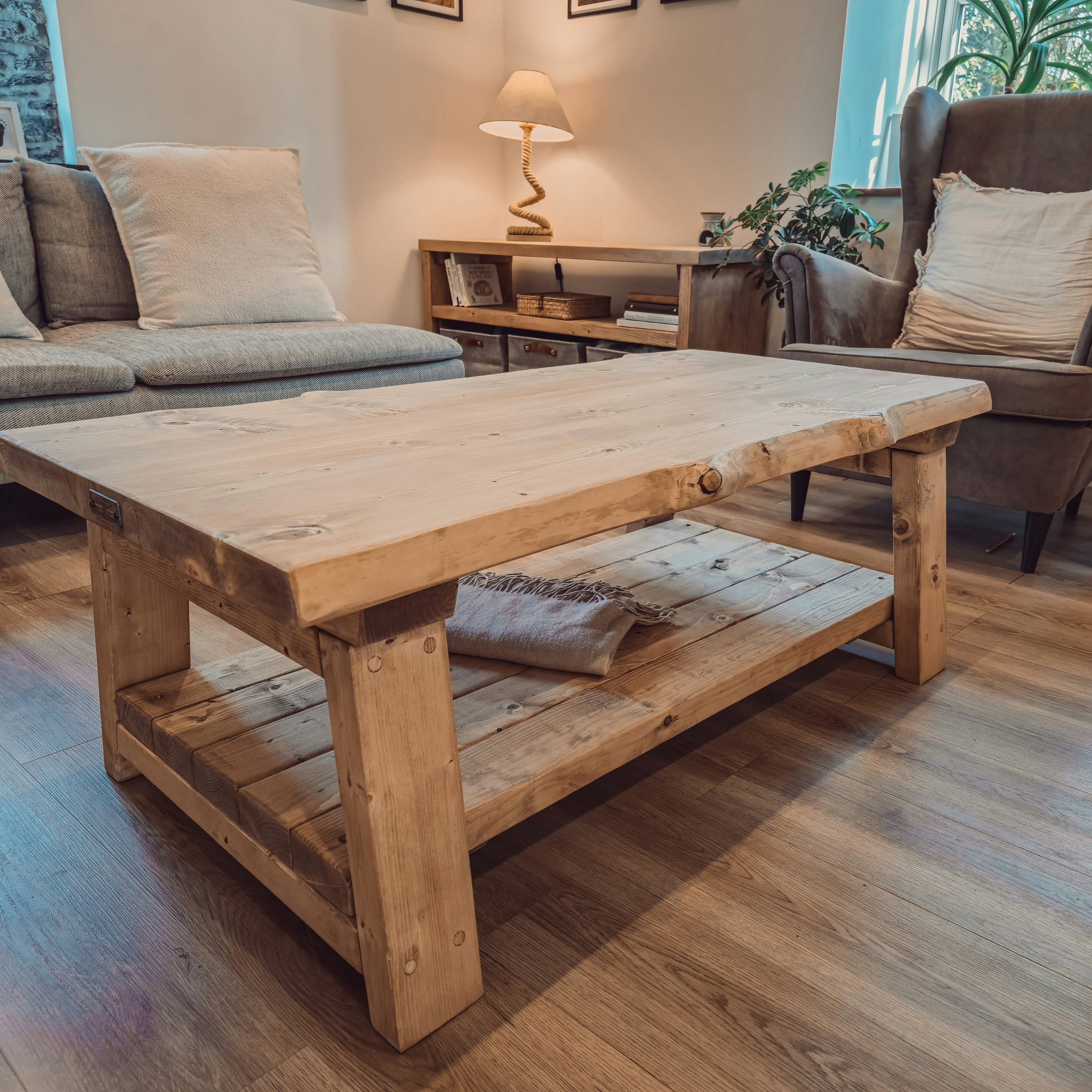 Cara Live Edge Rustic Wooden Coffee Table With Shelf - My Store