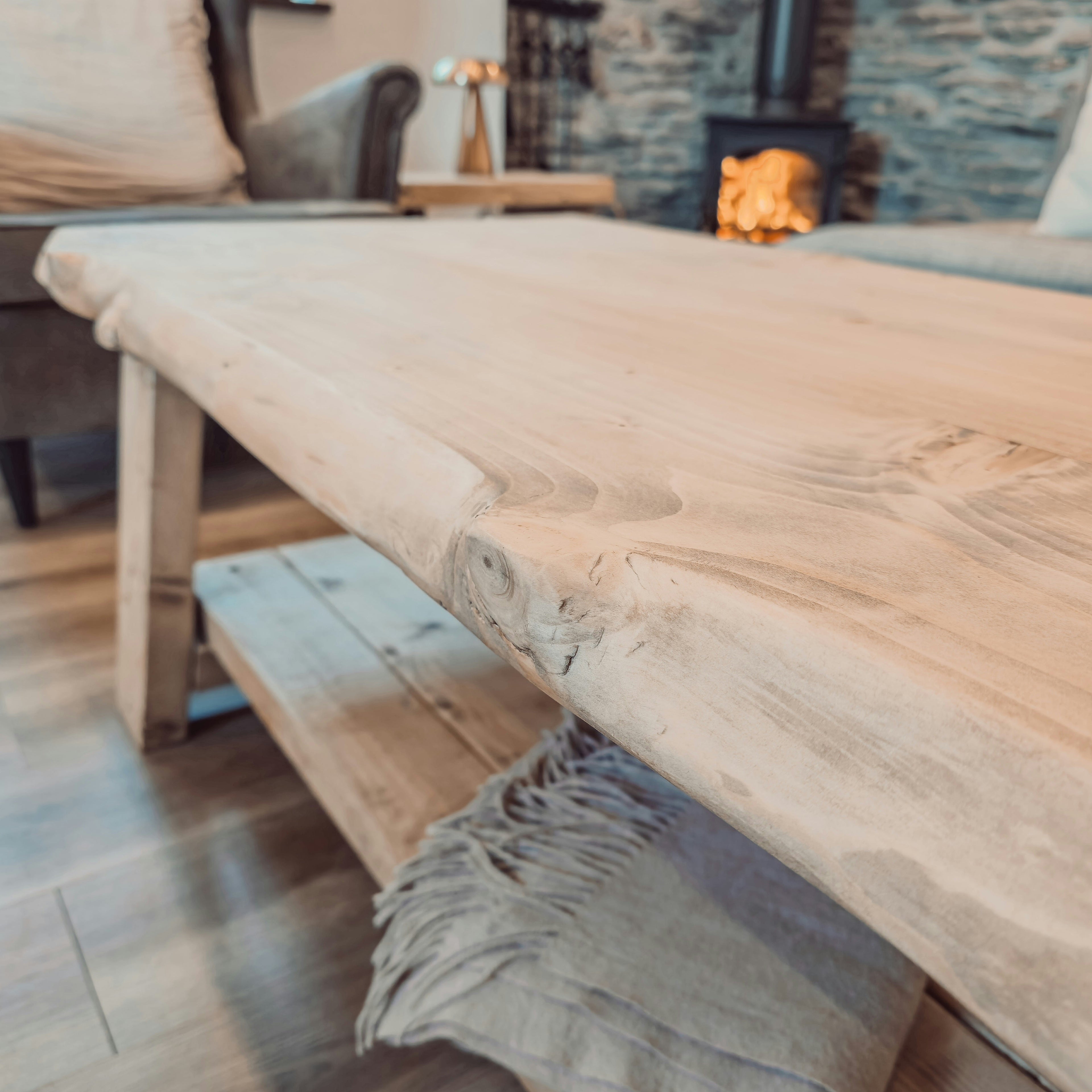 Cara Live Edge Rustic Wooden Coffee Table With Shelf - My Store
