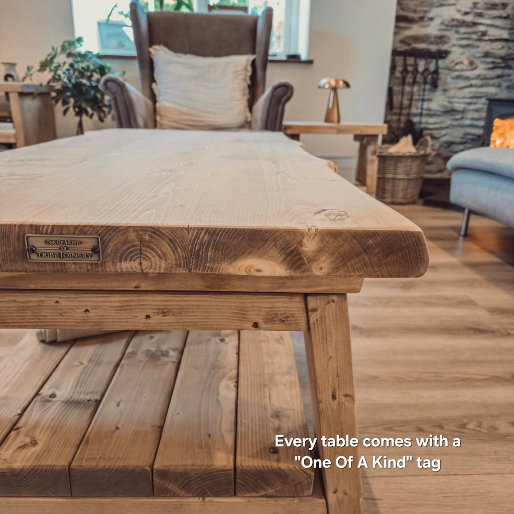 Cara Live Edge Rustic Wooden Coffee Table With Shelf - My Store