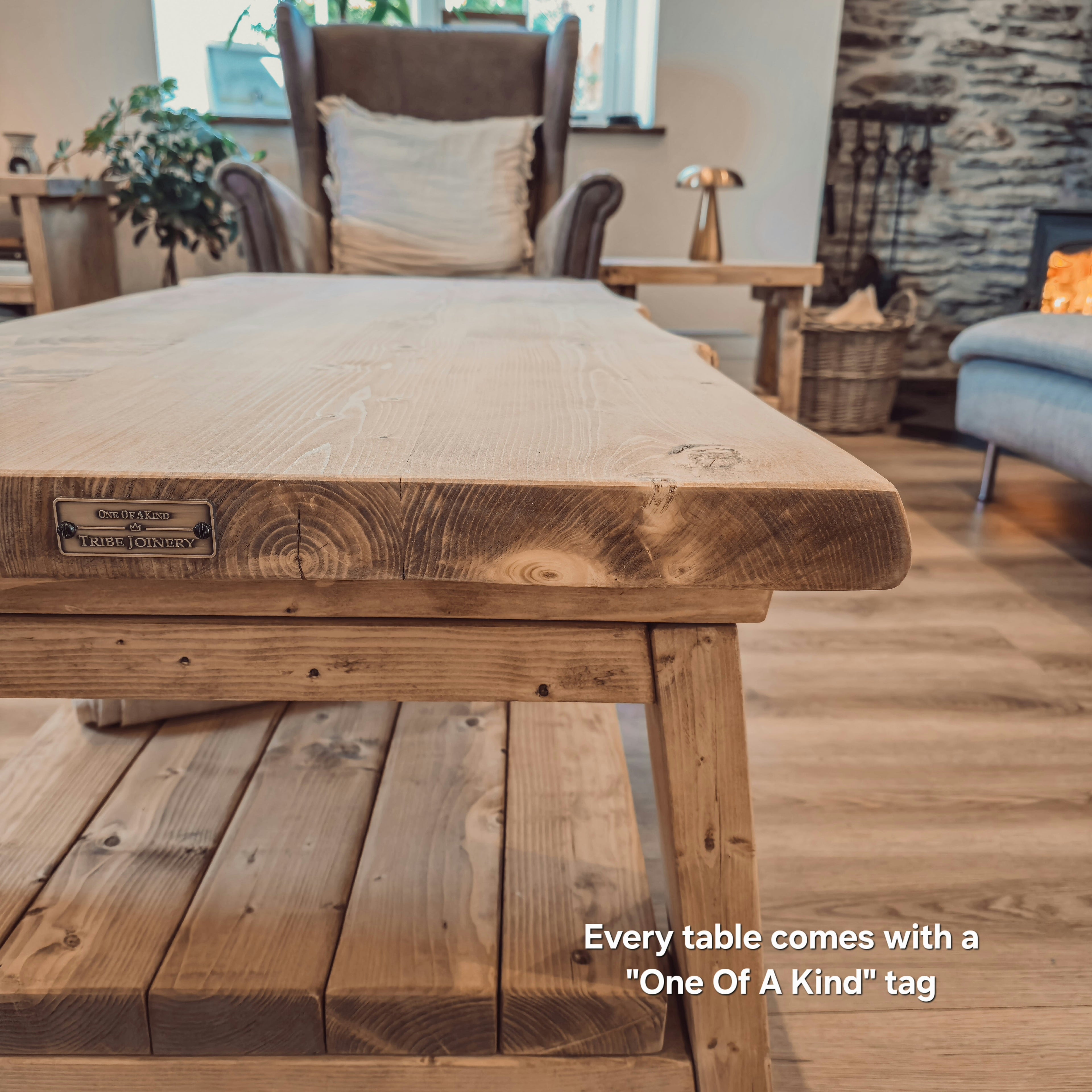 Cara Live Edge Rustic Wooden Coffee Table With Shelf - My Store
