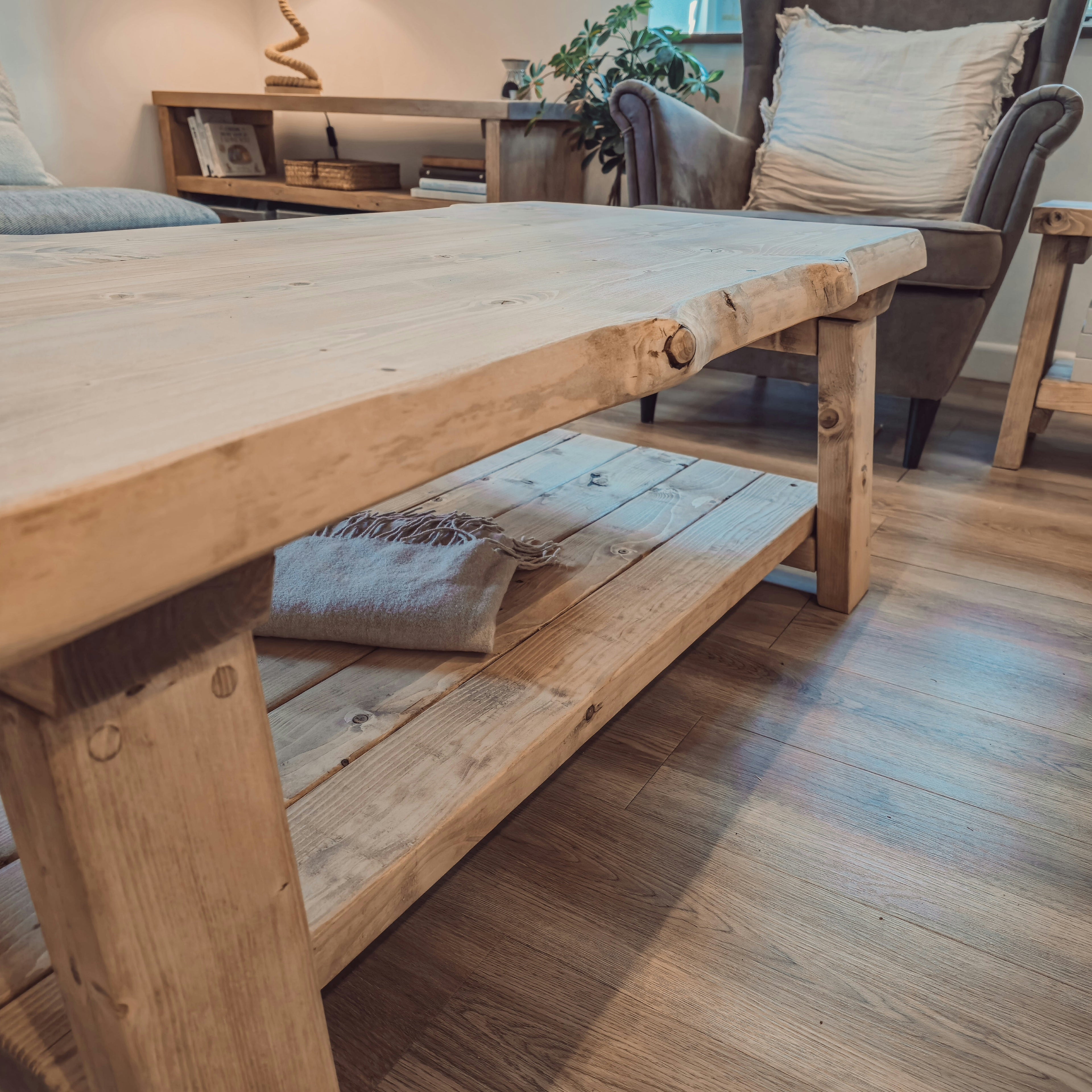Cara Live Edge Rustic Wooden Coffee Table With Shelf - My Store