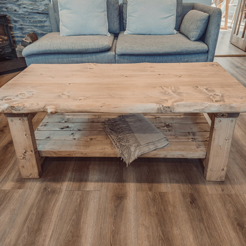 Cara Live Edge Rustic Wooden Coffee Table With Shelf - My Store