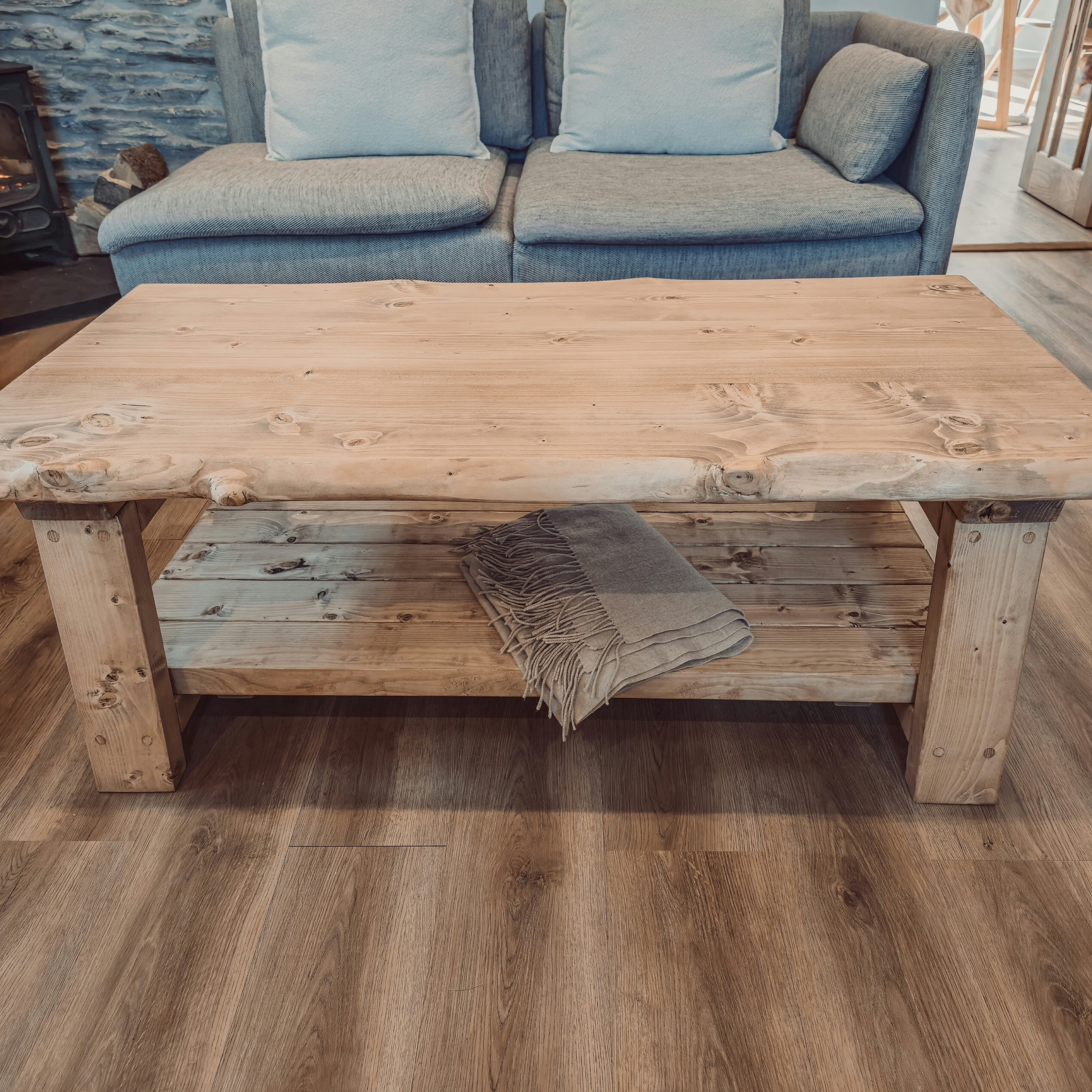 Cara Live Edge Rustic Wooden Coffee Table With Shelf - My Store