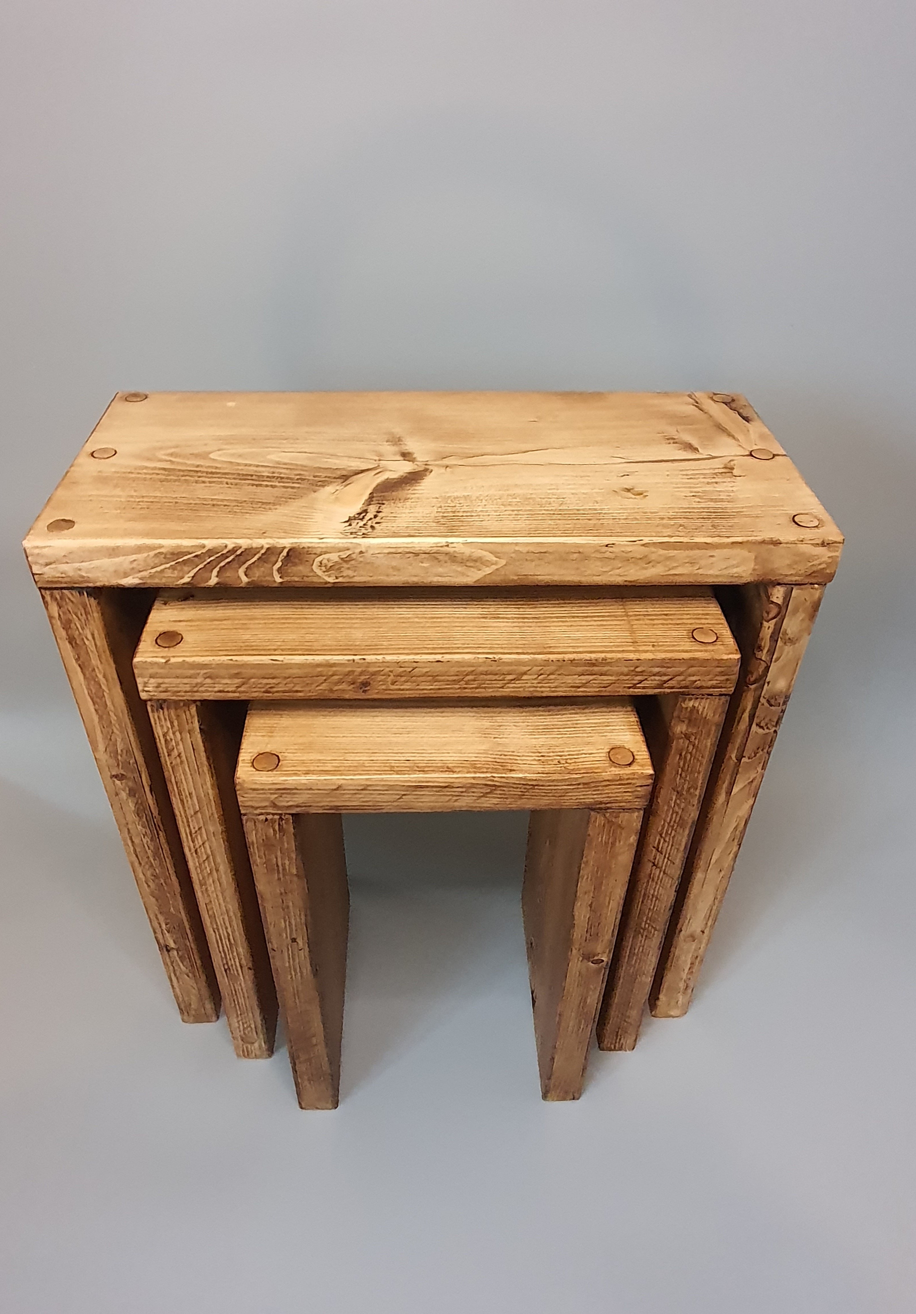 Set of 3 Solid Wood Rustic Nest Of Tables with Timber Legs - My Store