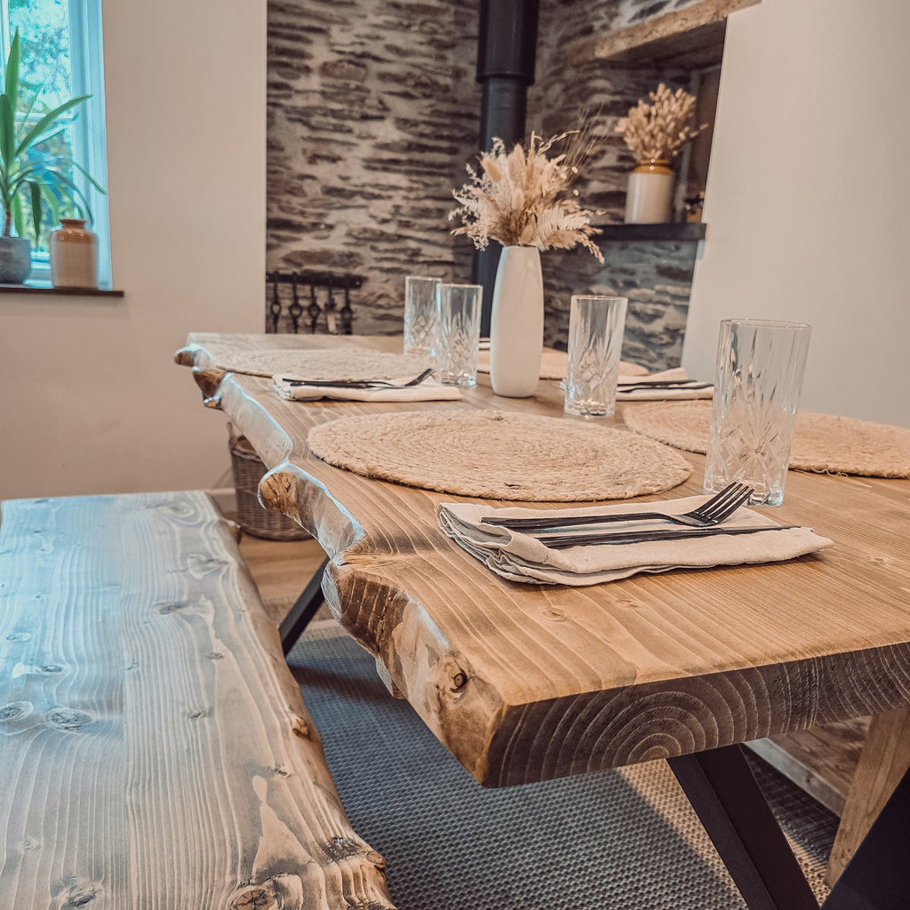 Live / Waney Edge Dining Table With Bench and X Cross Metal Legs - My Store