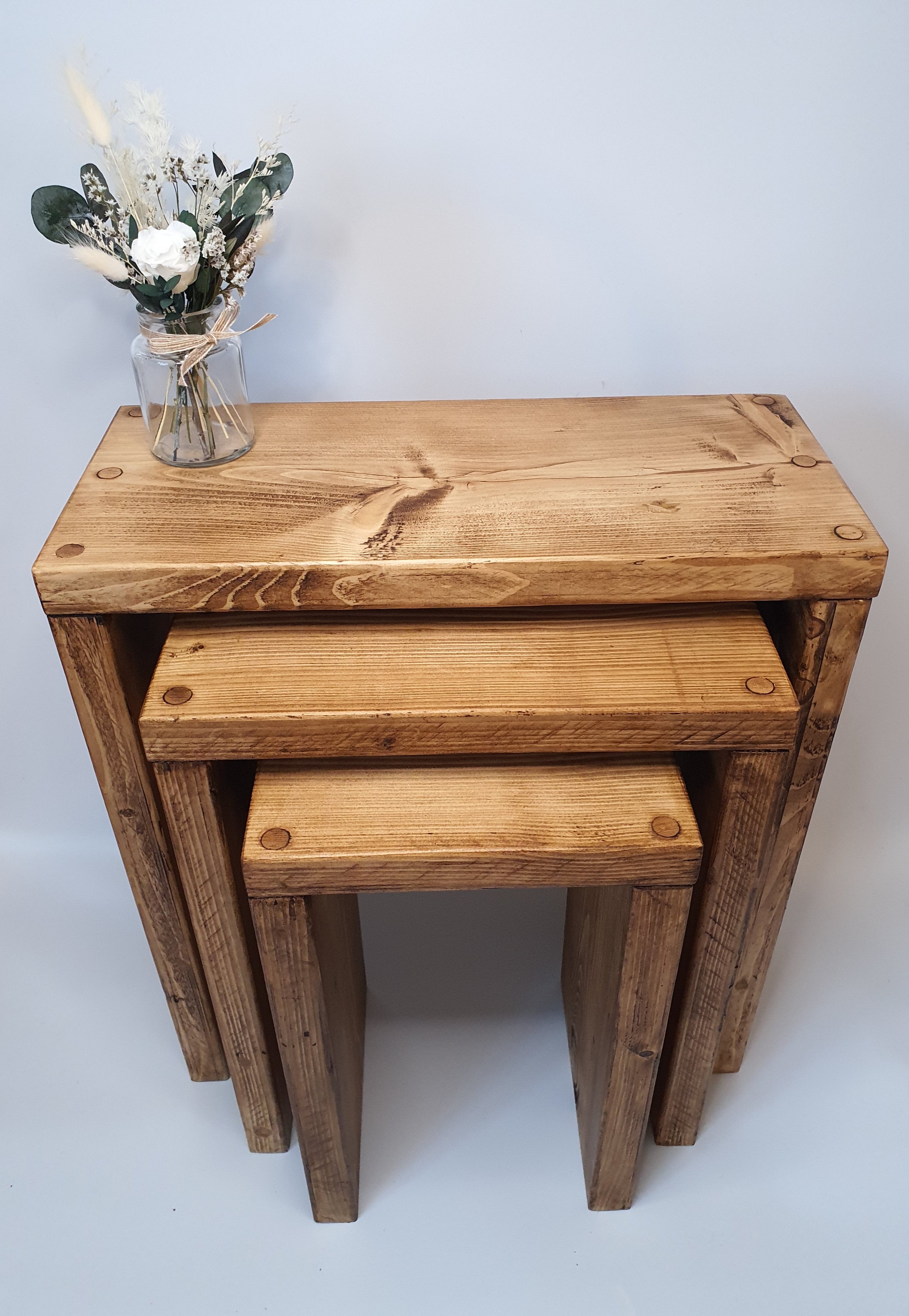 Set of 3 Solid Wood Rustic Nest Of Tables with Timber Legs - My Store
