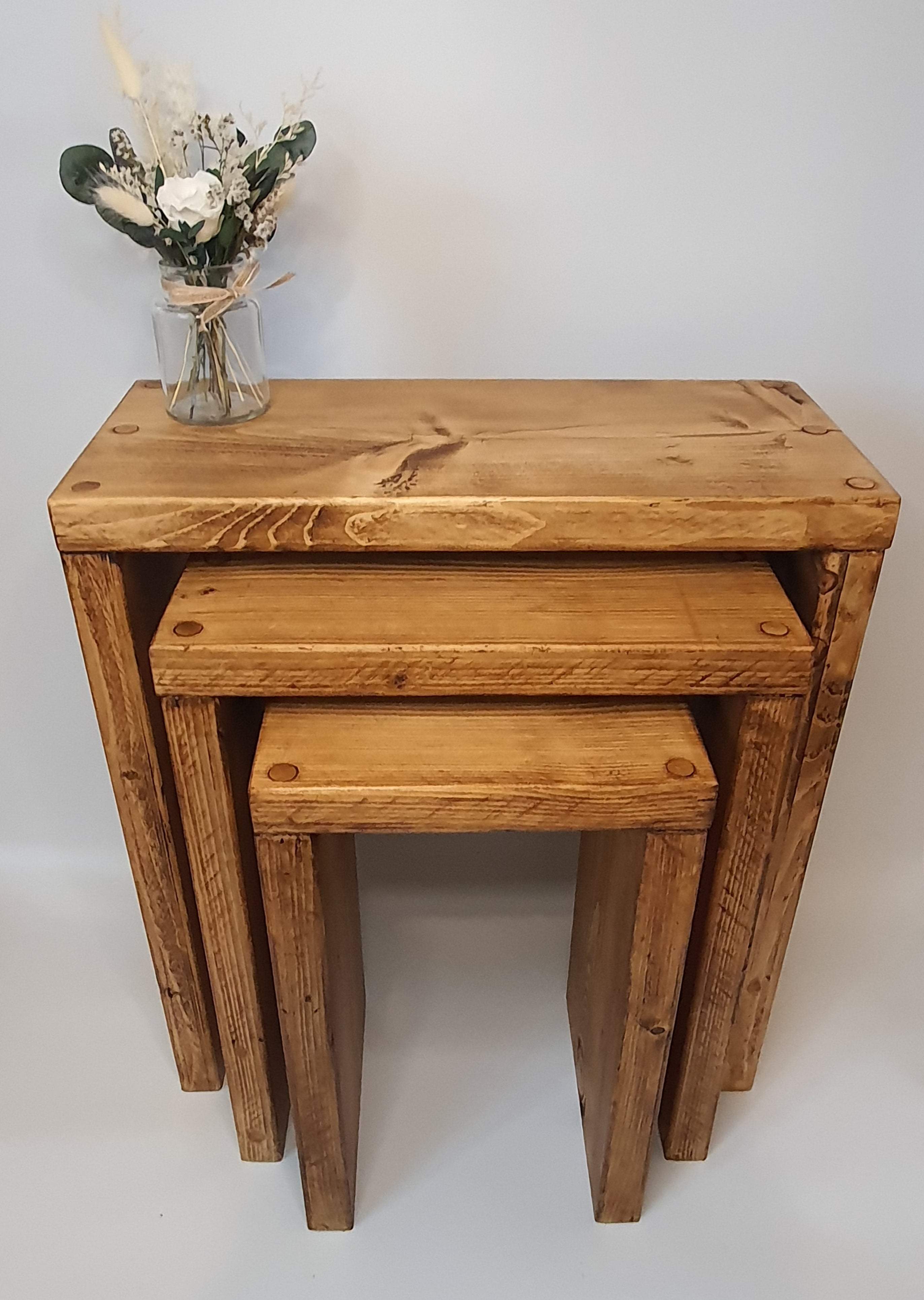Set of 3 Solid Wood Rustic Nest Of Tables with Timber Legs - My Store