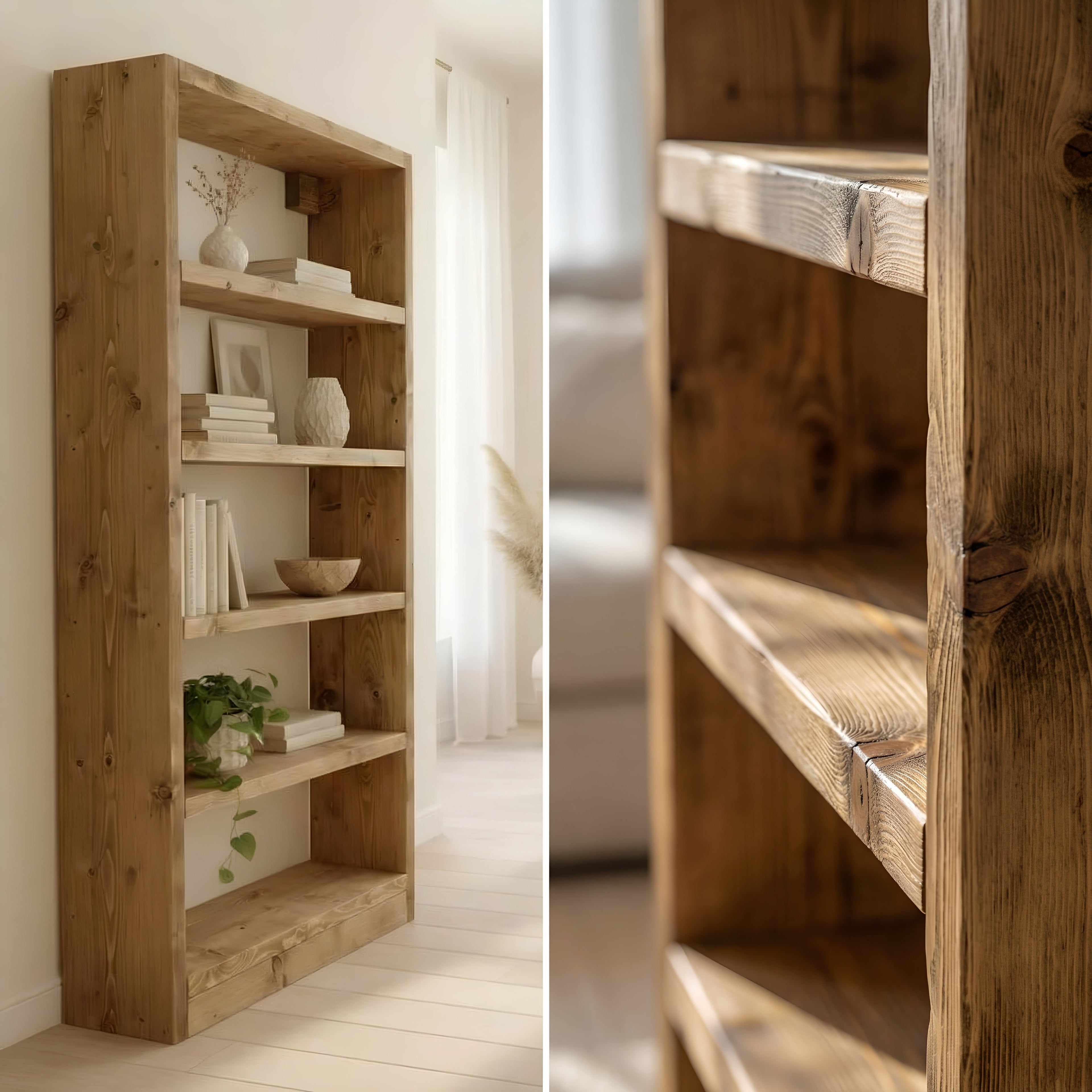 Solid Wood Bookshelf – Natural Finish Open Bookcase, Rustic Scandinavian Design - My Store