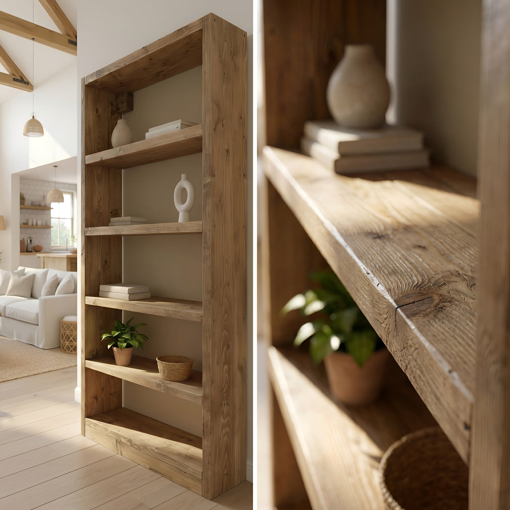 Solid Wood Bookshelf – Natural Finish Open Bookcase, Rustic Scandinavian Design - My Store