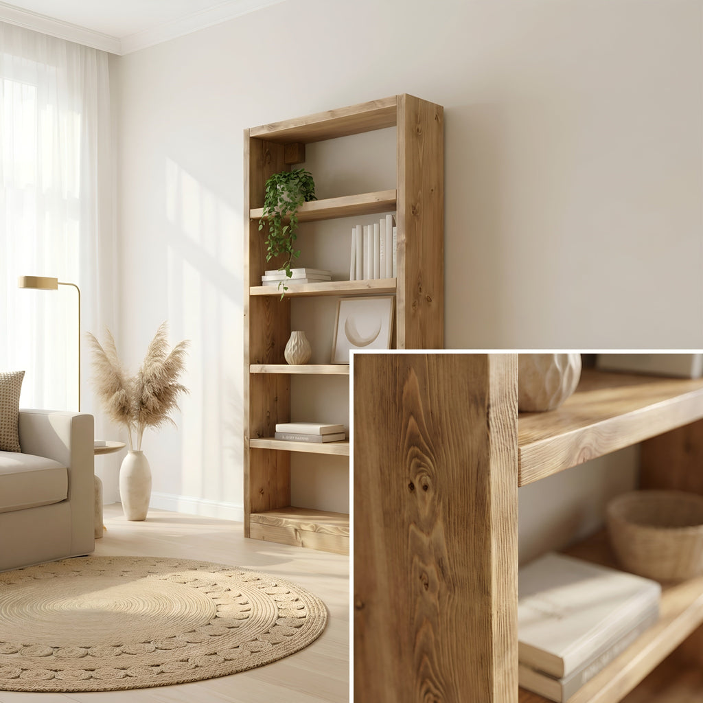 Solid Wood Bookshelf – Natural Finish Open Bookcase, Rustic Scandinavian Design - My Store
