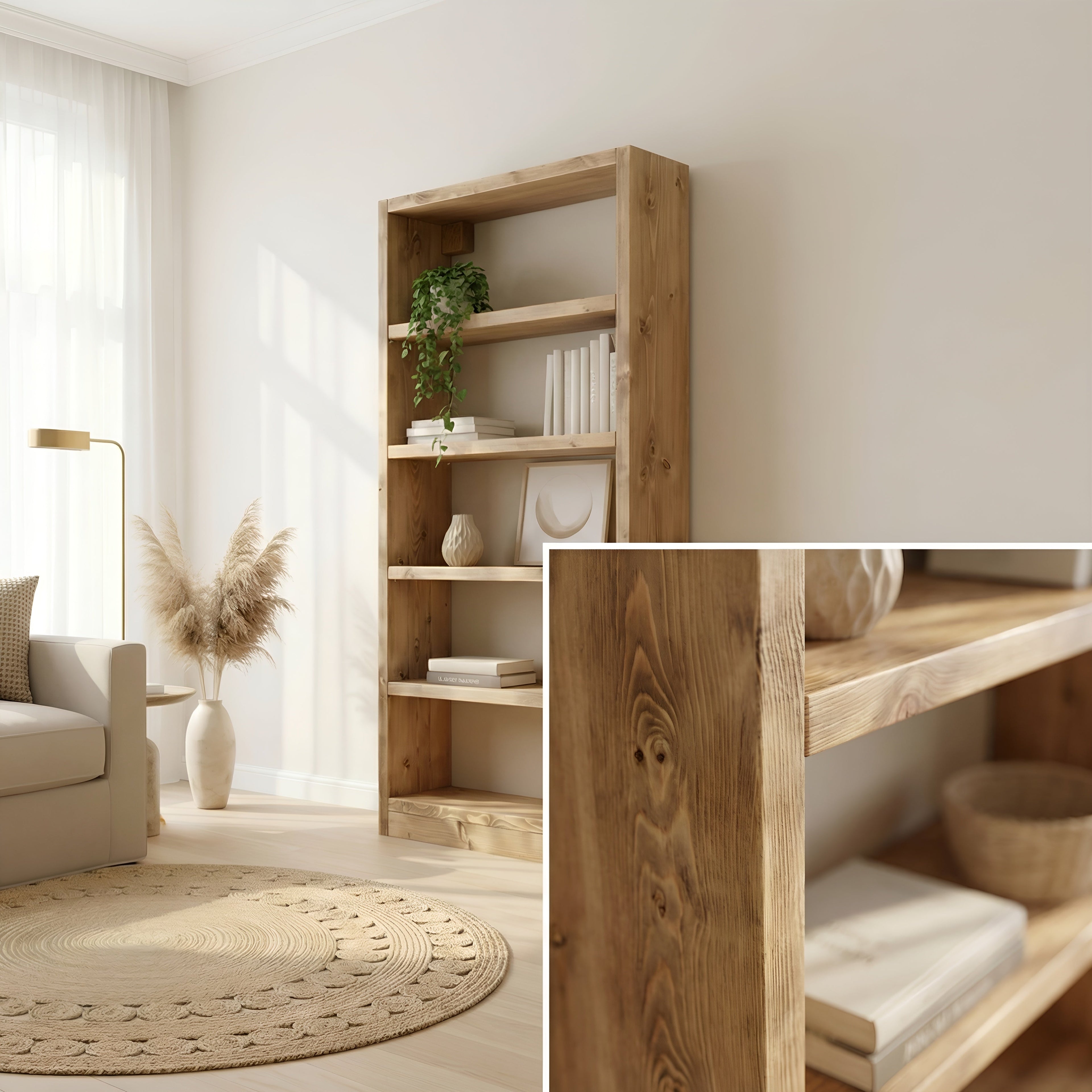 Solid Wood Bookshelf – Natural Finish Open Bookcase, Rustic Scandinavian Design - My Store