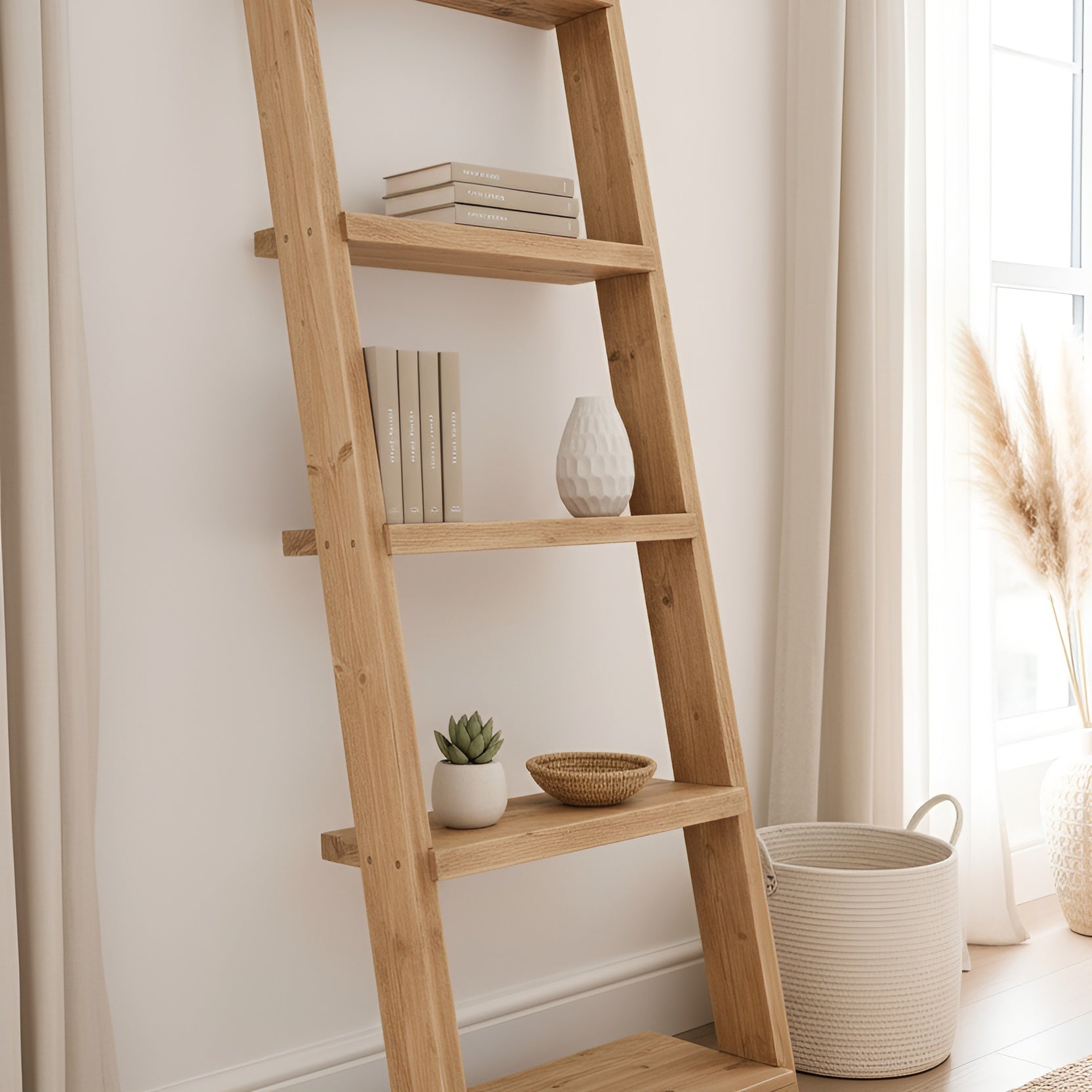 Ladder Solid Wood Bookshelf – Natural Finish Open Bookcase, Rustic Scandinavian Design - My Store