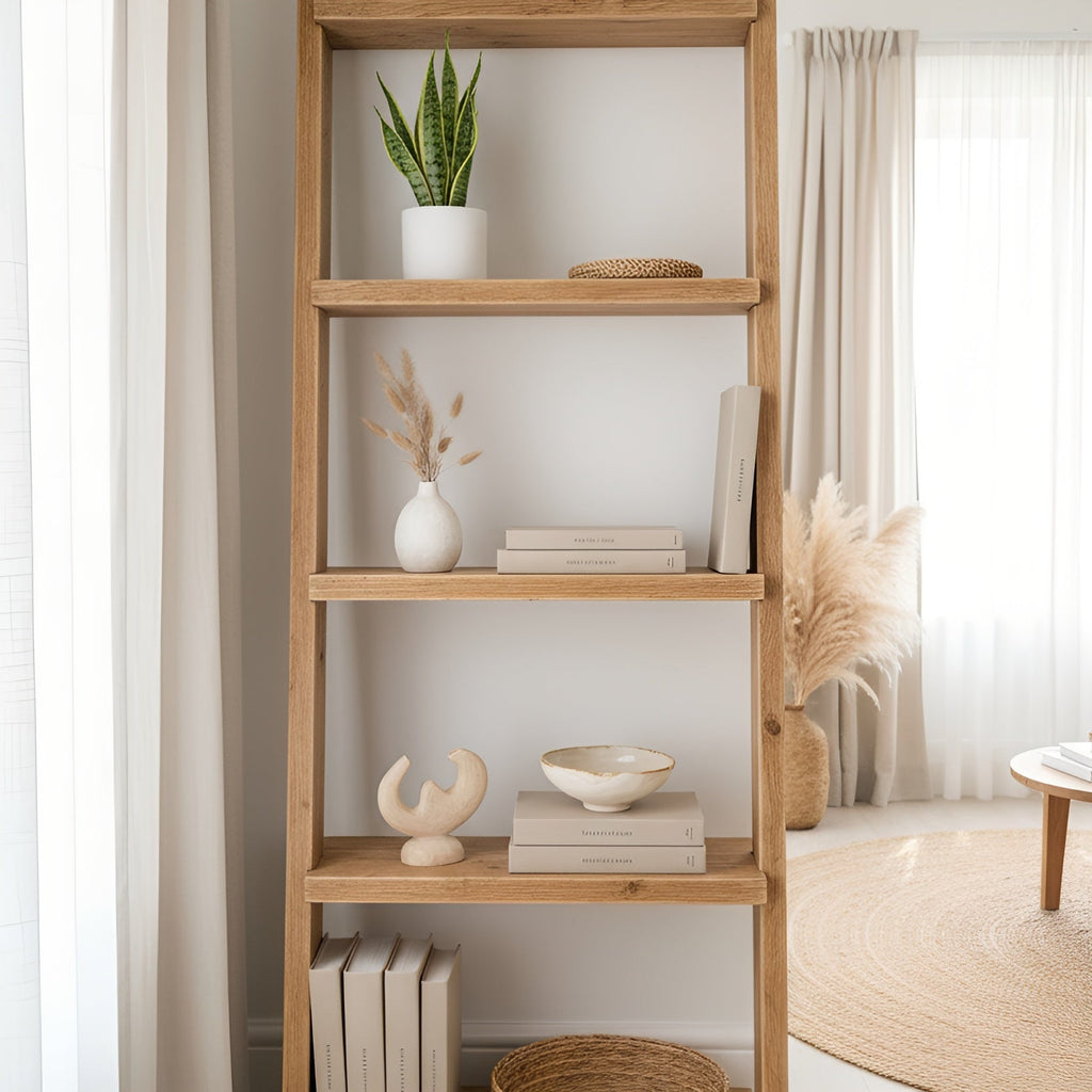 Ladder Solid Wood Bookshelf – Natural Finish Open Bookcase, Rustic Scandinavian Design - My Store
