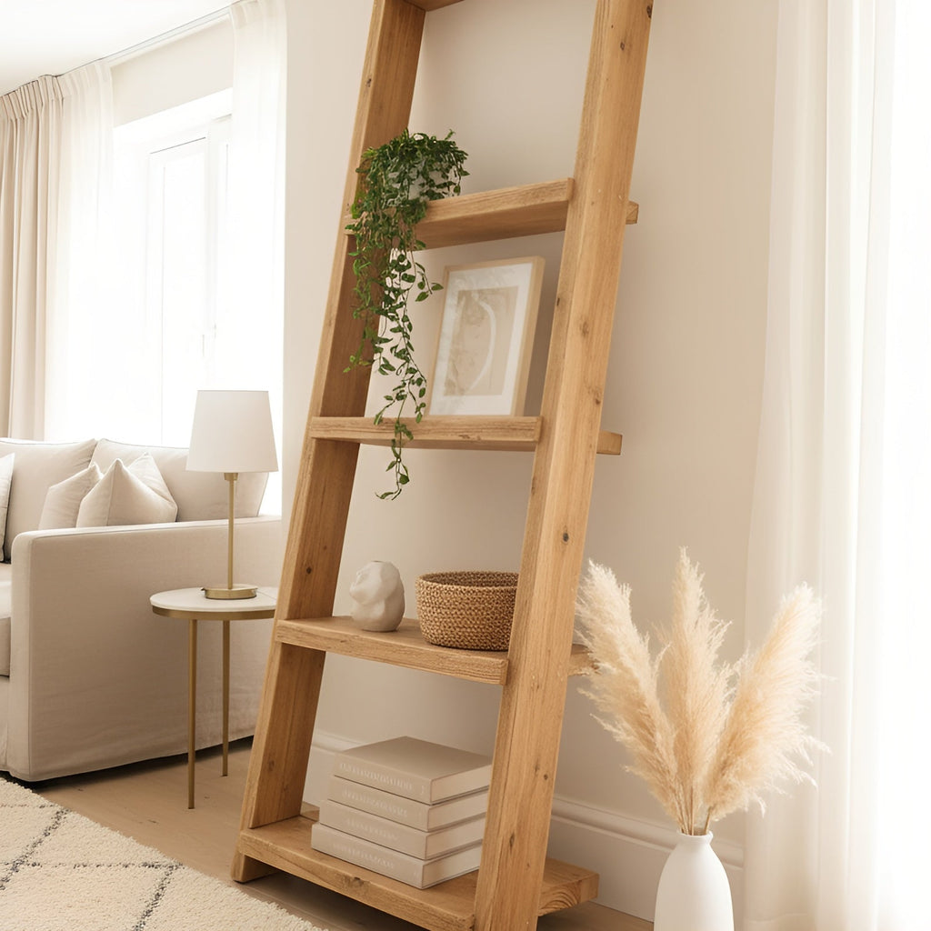 Ladder Solid Wood Bookshelf – Natural Finish Open Bookcase, Rustic Scandinavian Design - My Store