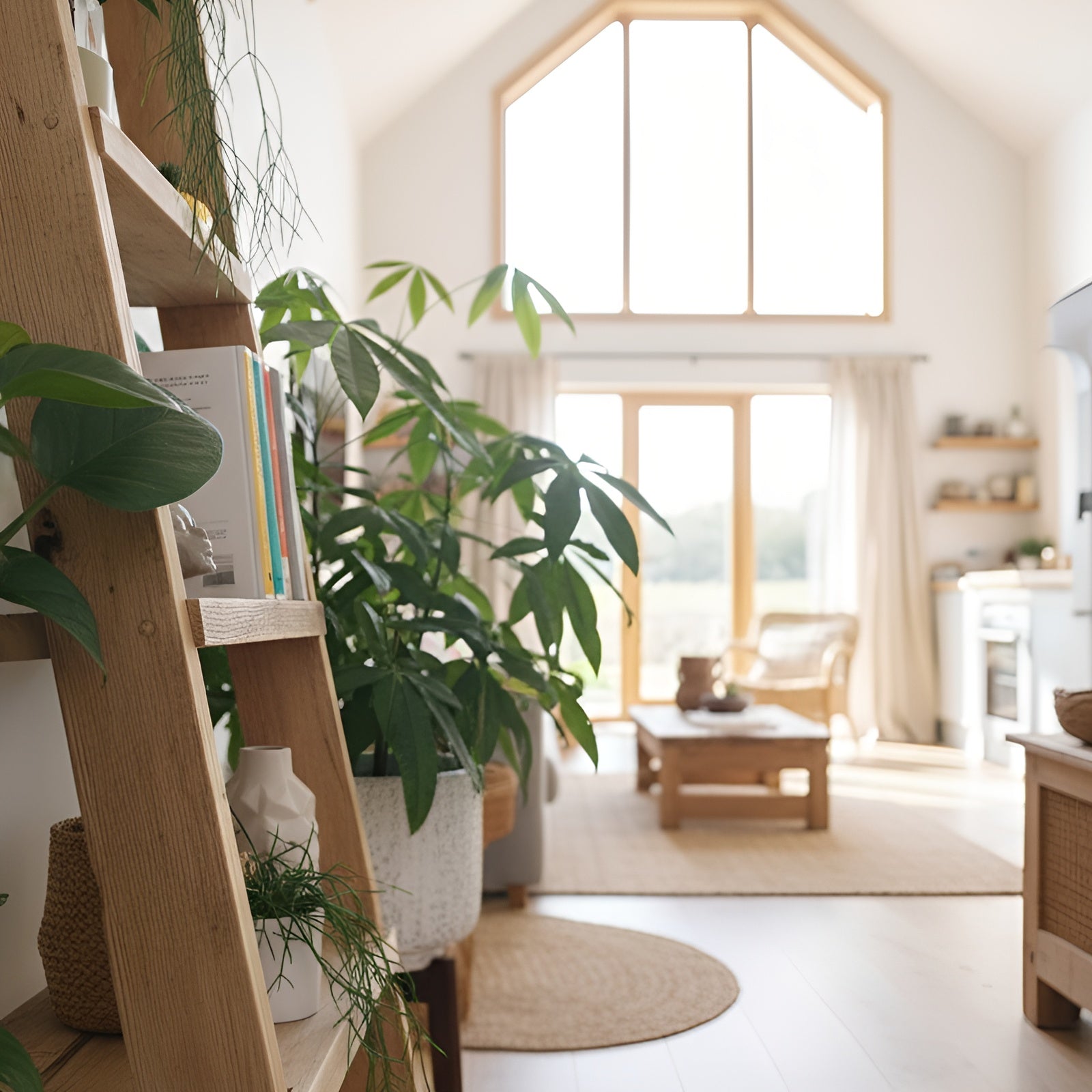 Ladder Solid Wood Bookshelf – Natural Finish Open Bookcase, Rustic Scandinavian Design - My Store
