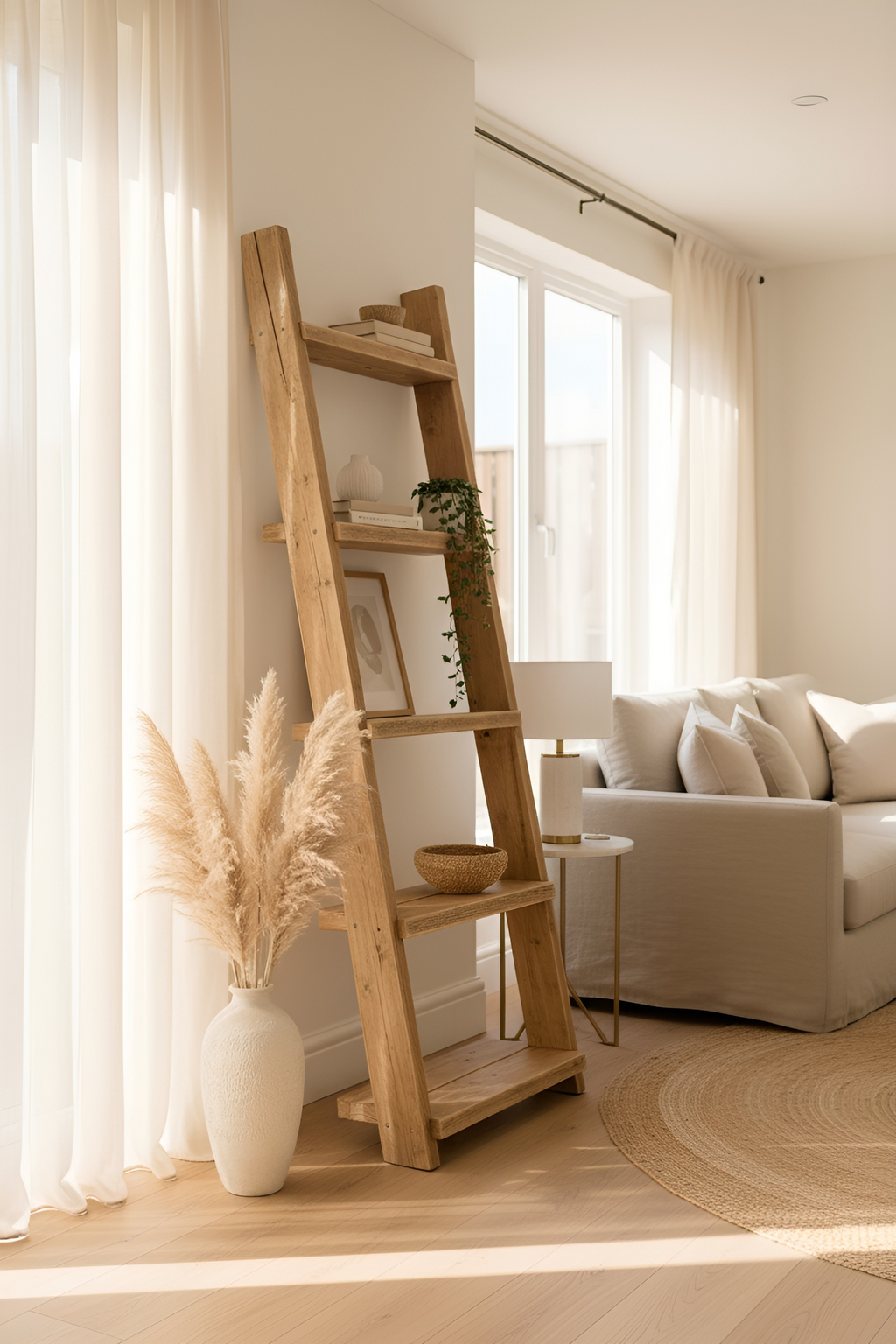 Ladder Solid Wood Bookshelf – Natural Finish Open Bookcase, Rustic Scandinavian Design - My Store