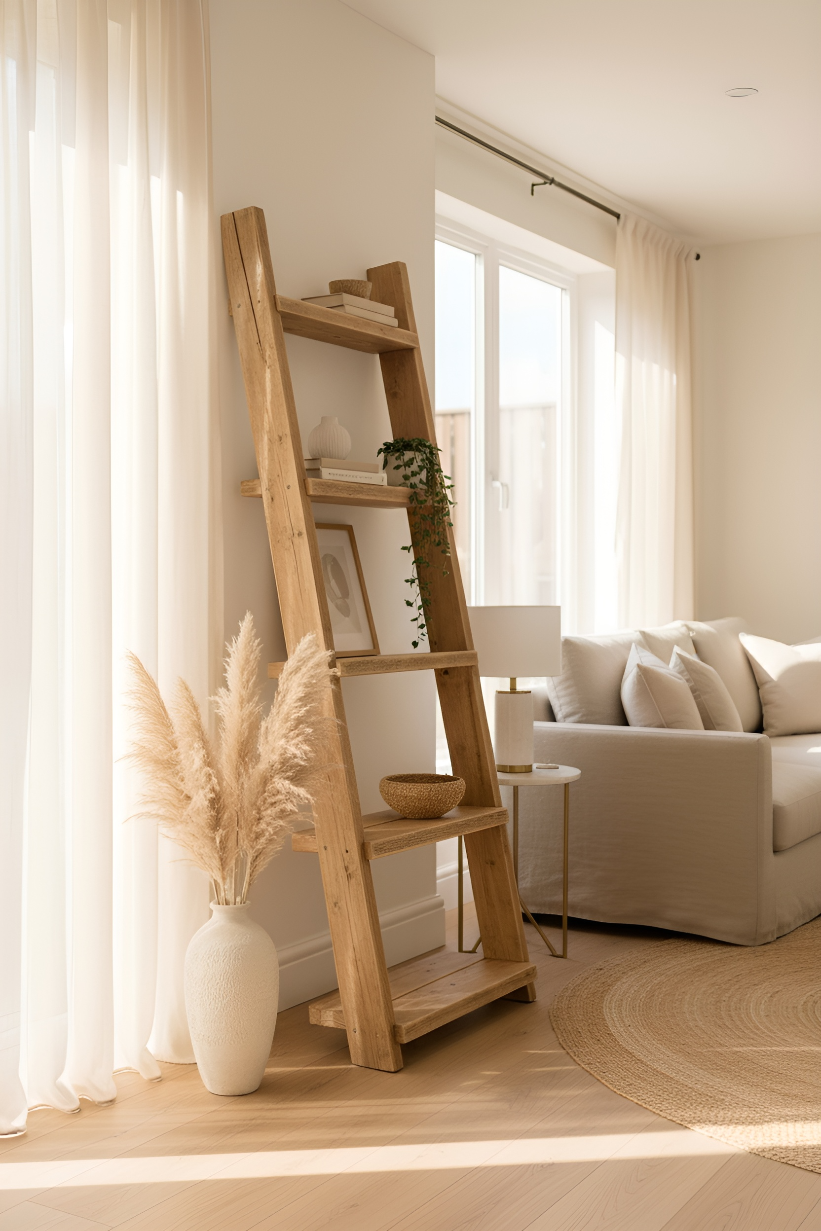 Ladder Solid Wood Bookshelf – Natural Finish Open Bookcase, Rustic Scandinavian Design - My Store