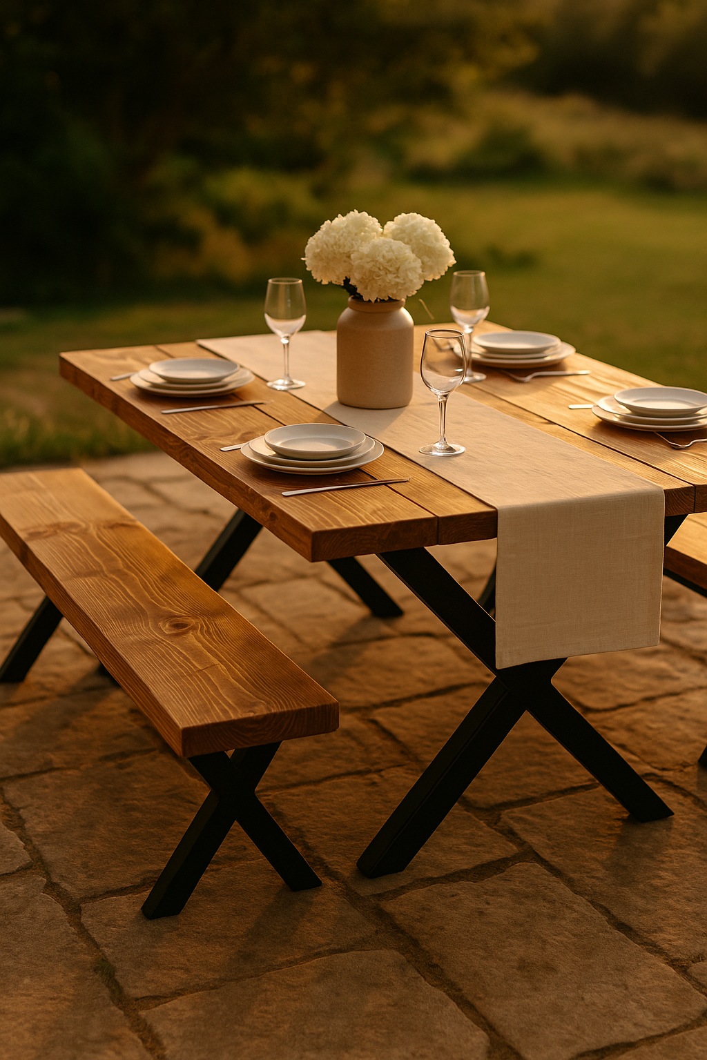 Outdoor Farmhouse Dining Table With Bench and Black Metal Cross Legs - My Store