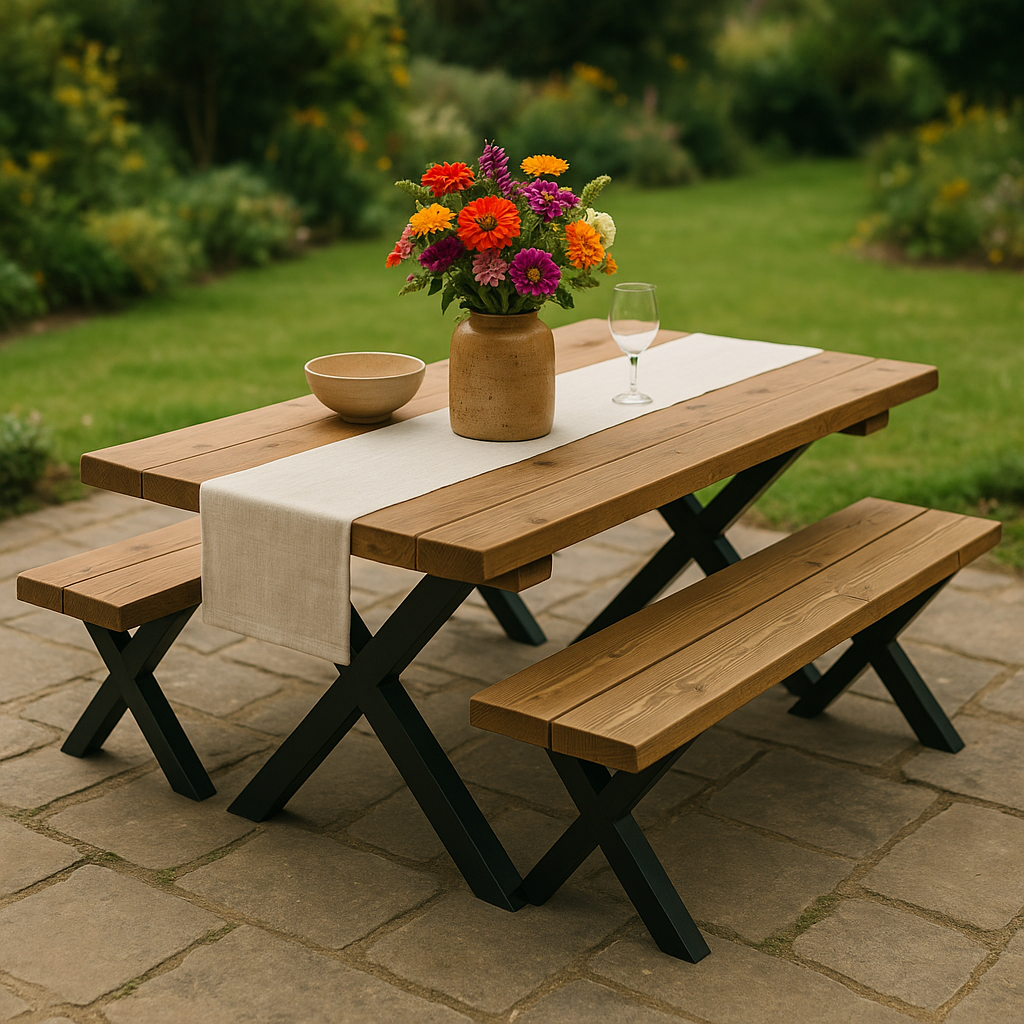 Outdoor Farmhouse Dining Table With Bench and Black Metal Cross Legs - My Store