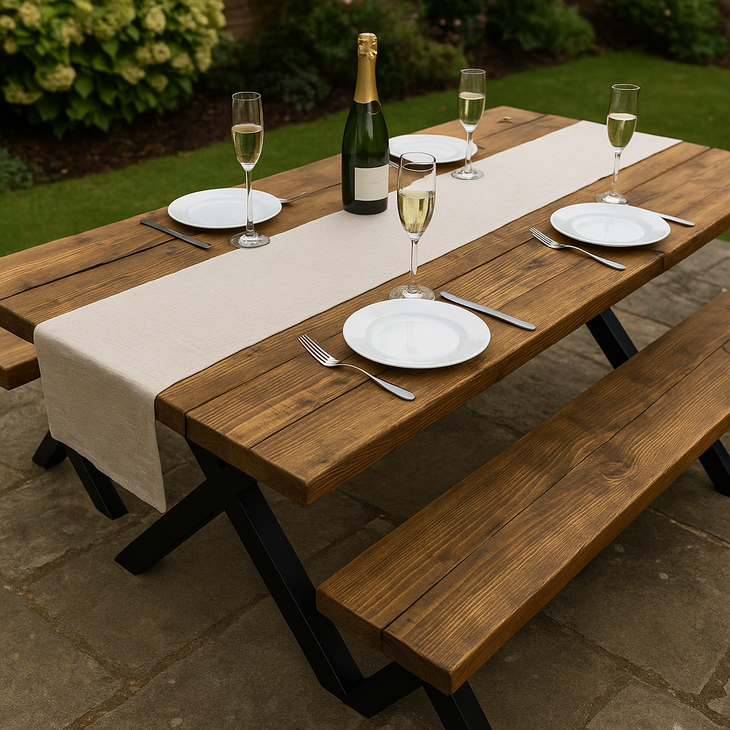 Outdoor Farmhouse Dining Table With Bench and Black Metal Cross Legs - My Store