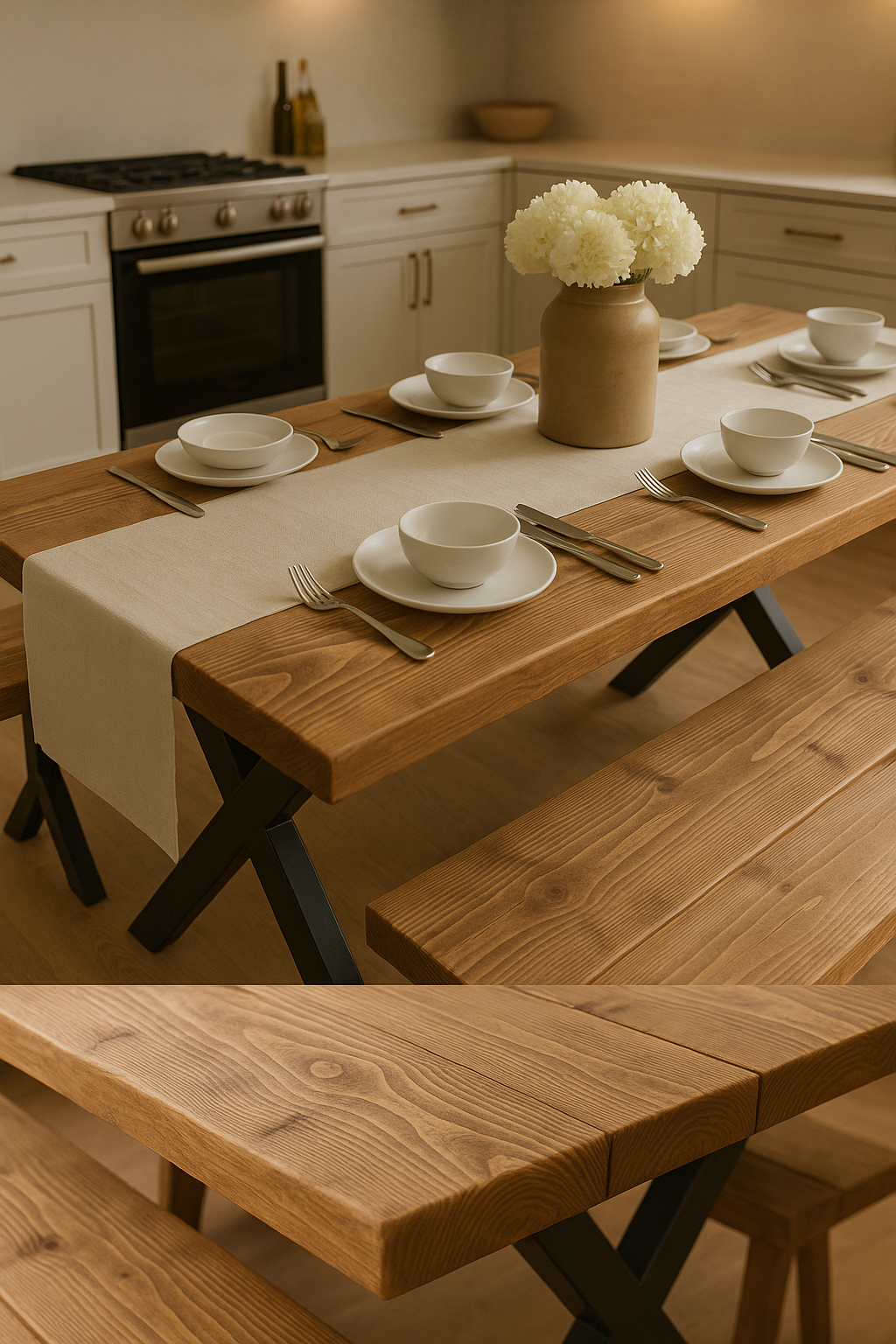 Farmhouse Dining Table With Bench and Black Metal Cross Legs - My Store