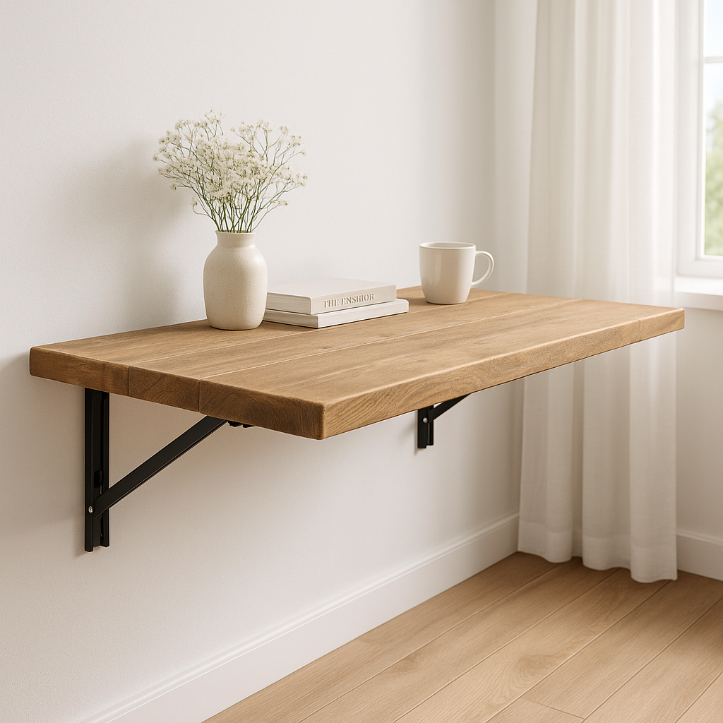 Foldable Wall-Mounted Solid Wood Table – Rustic Wood with Heavy-Duty Black Brackets – Space-Saving Desk for Kitchen, Office, or Small Spaces - My Store