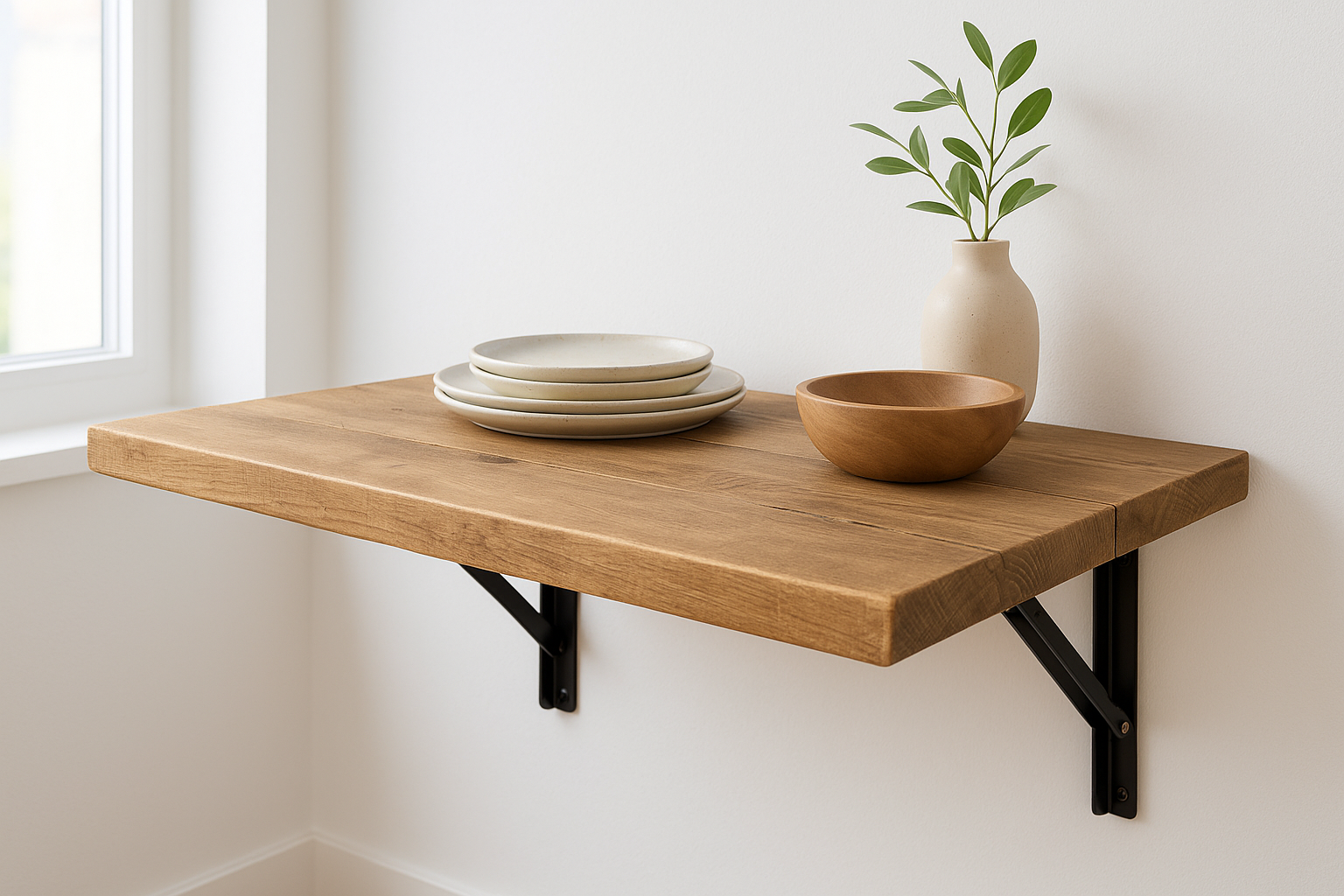 Foldable Wall-Mounted Solid Wood Table – Rustic Wood with Heavy-Duty Black Brackets – Space-Saving Desk for Kitchen, Office, or Small Spaces - My Store