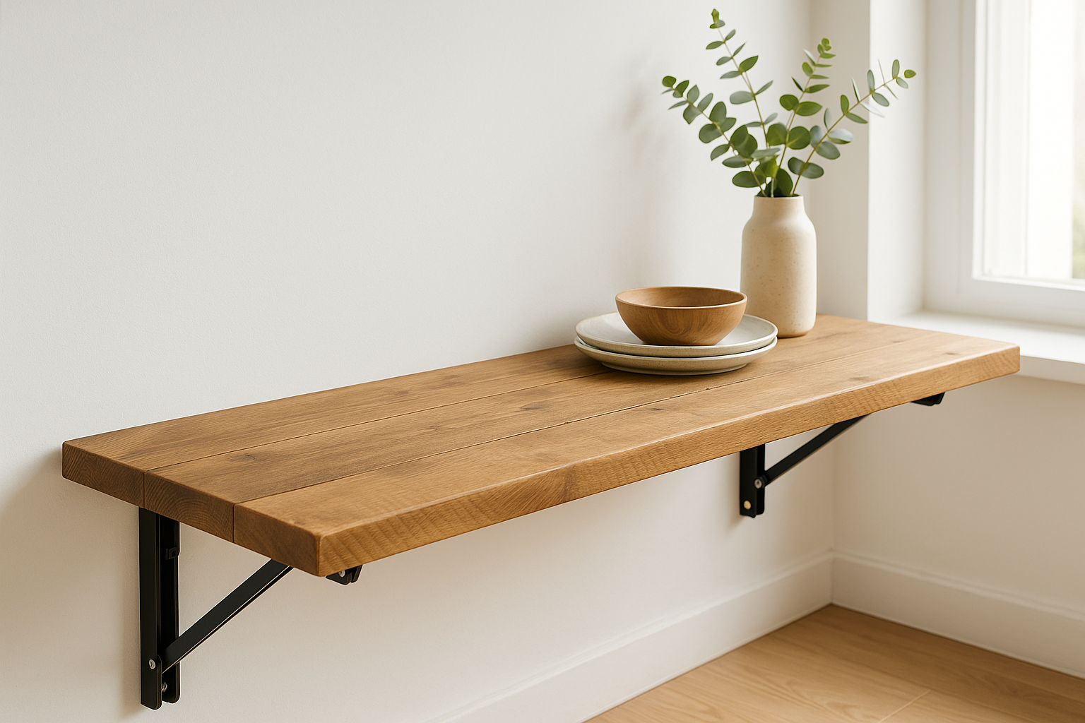 Foldable Wall-Mounted Solid Wood Table – Rustic Wood with Heavy-Duty Black Brackets – Space-Saving Desk for Kitchen, Office, or Small Spaces - My Store