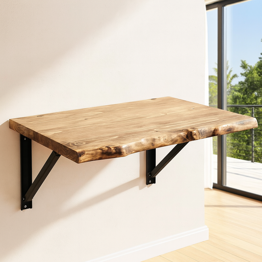 Live / Waney Edge Foldable Wall-Mounted Solid Wood Table – Rustic Wood with Heavy-Duty Black Brackets – Space-Saving Desk for Kitchen, Office, or Small Spaces - My Store
