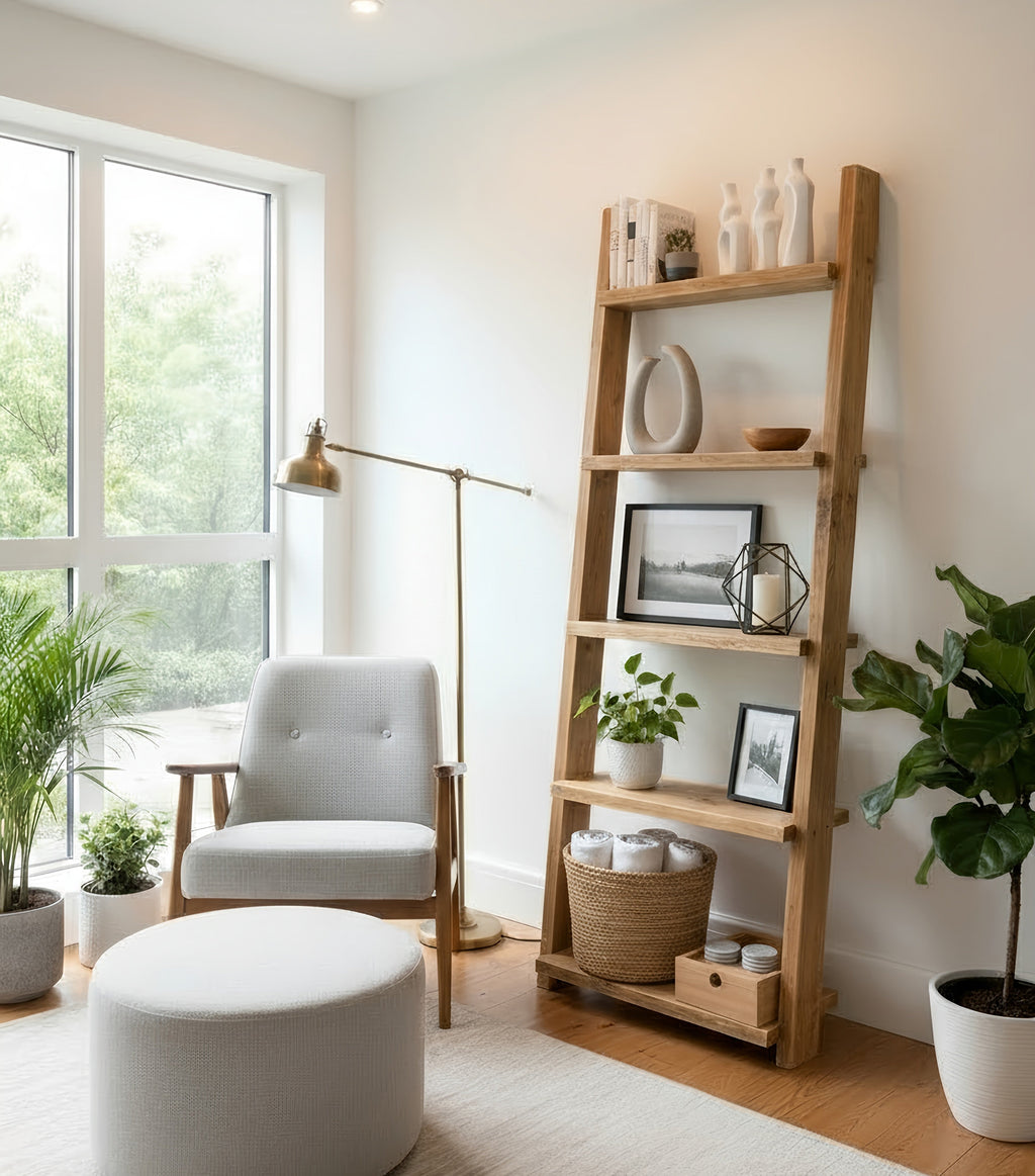 Ladder Solid Wood Bookshelf – Natural Finish Open Bookcase, Rustic Scandinavian Design - My Store