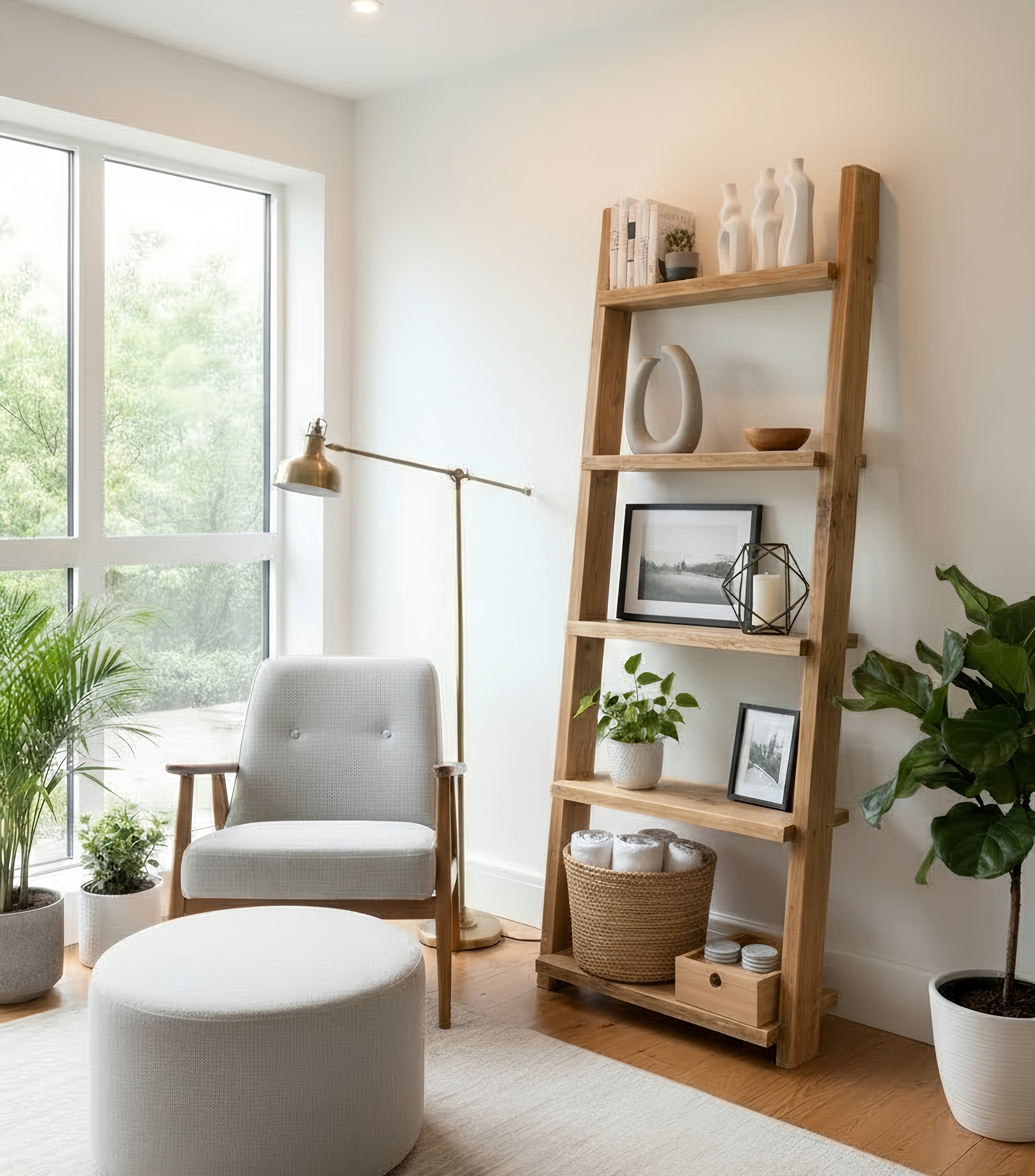 Ladder Solid Wood Bookshelf – Natural Finish Open Bookcase, Rustic Scandinavian Design - My Store