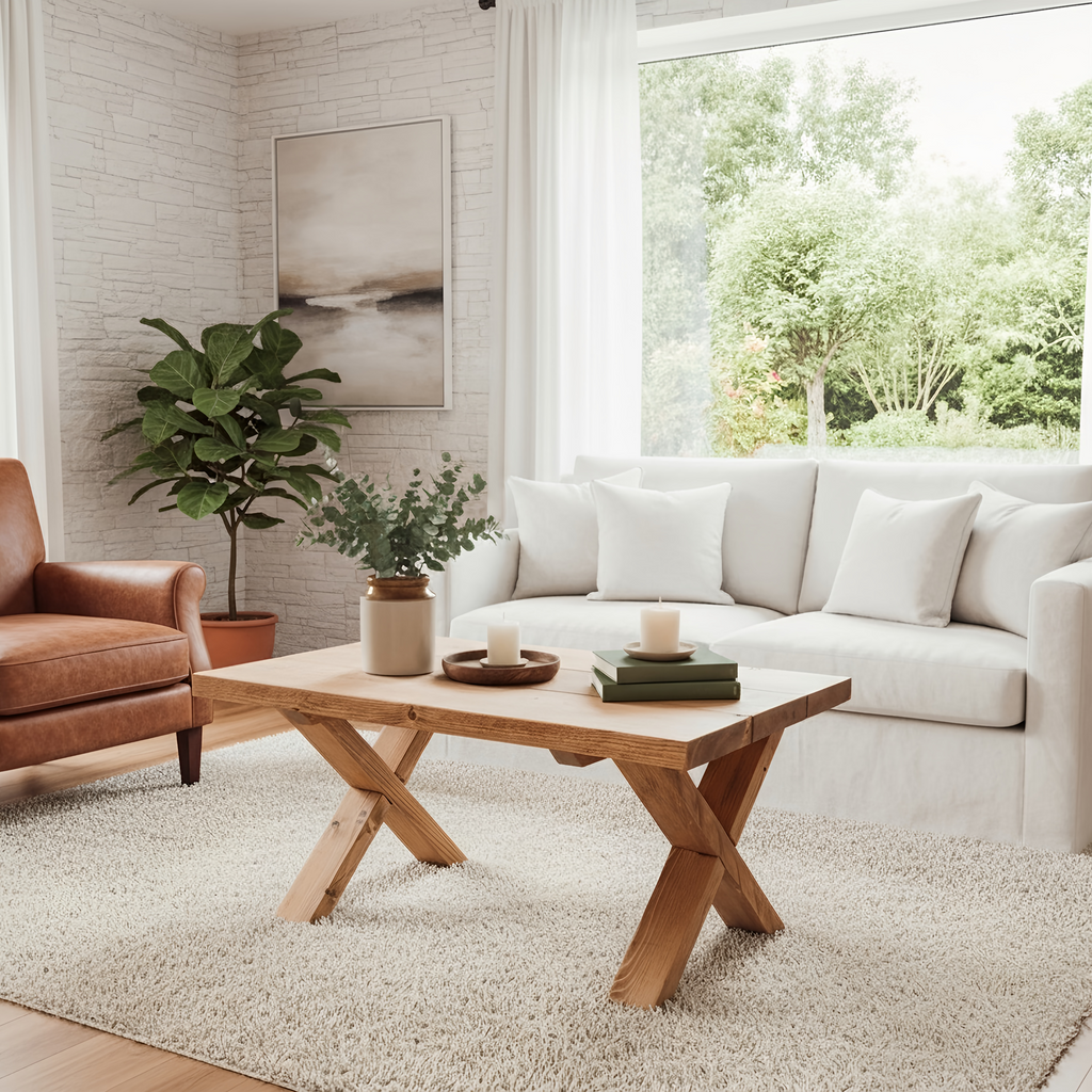 MAYA Solid Wood Cross Leg Farmhouse Coffee Table - My Store