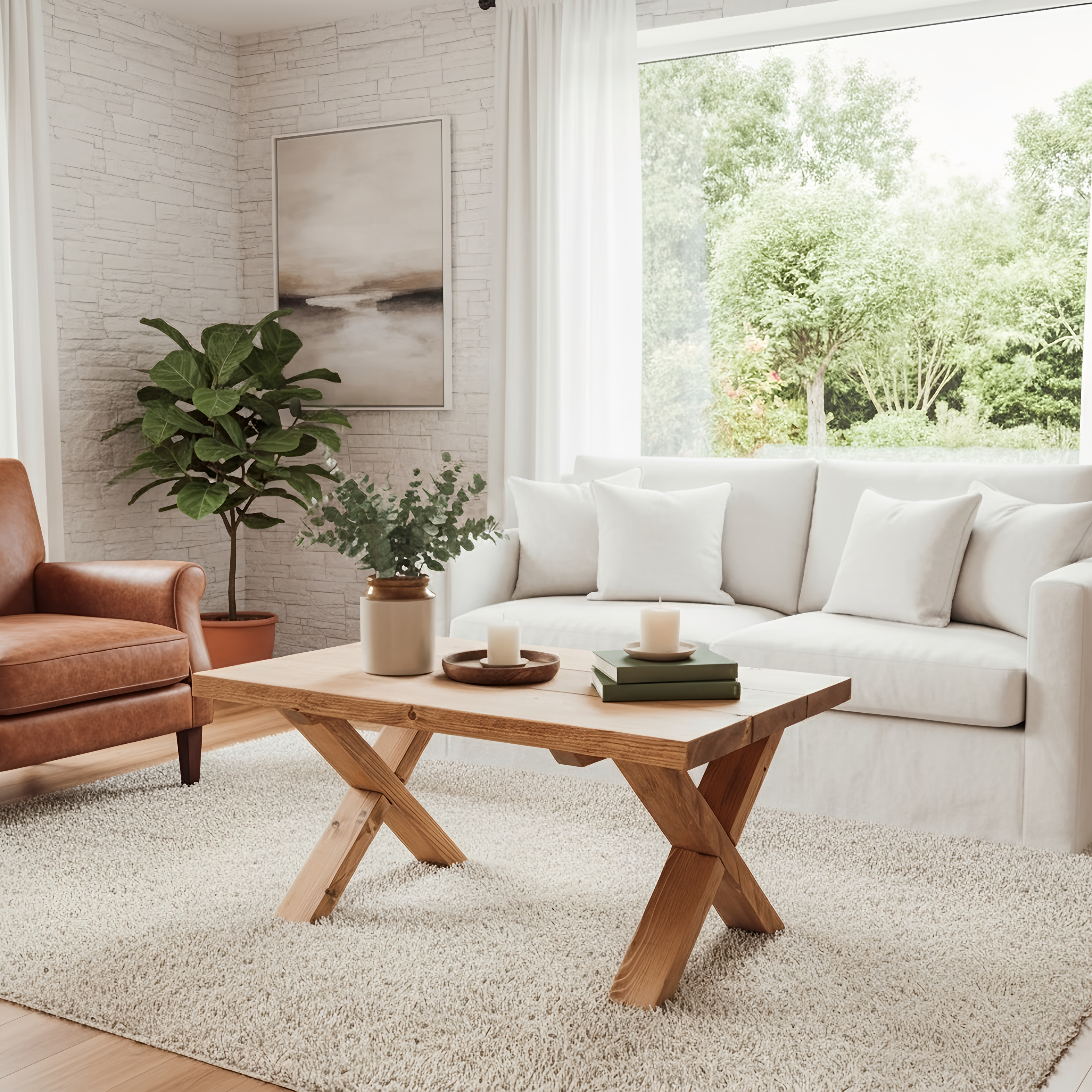 MAYA Solid Wood Cross Leg Farmhouse Coffee Table - My Store