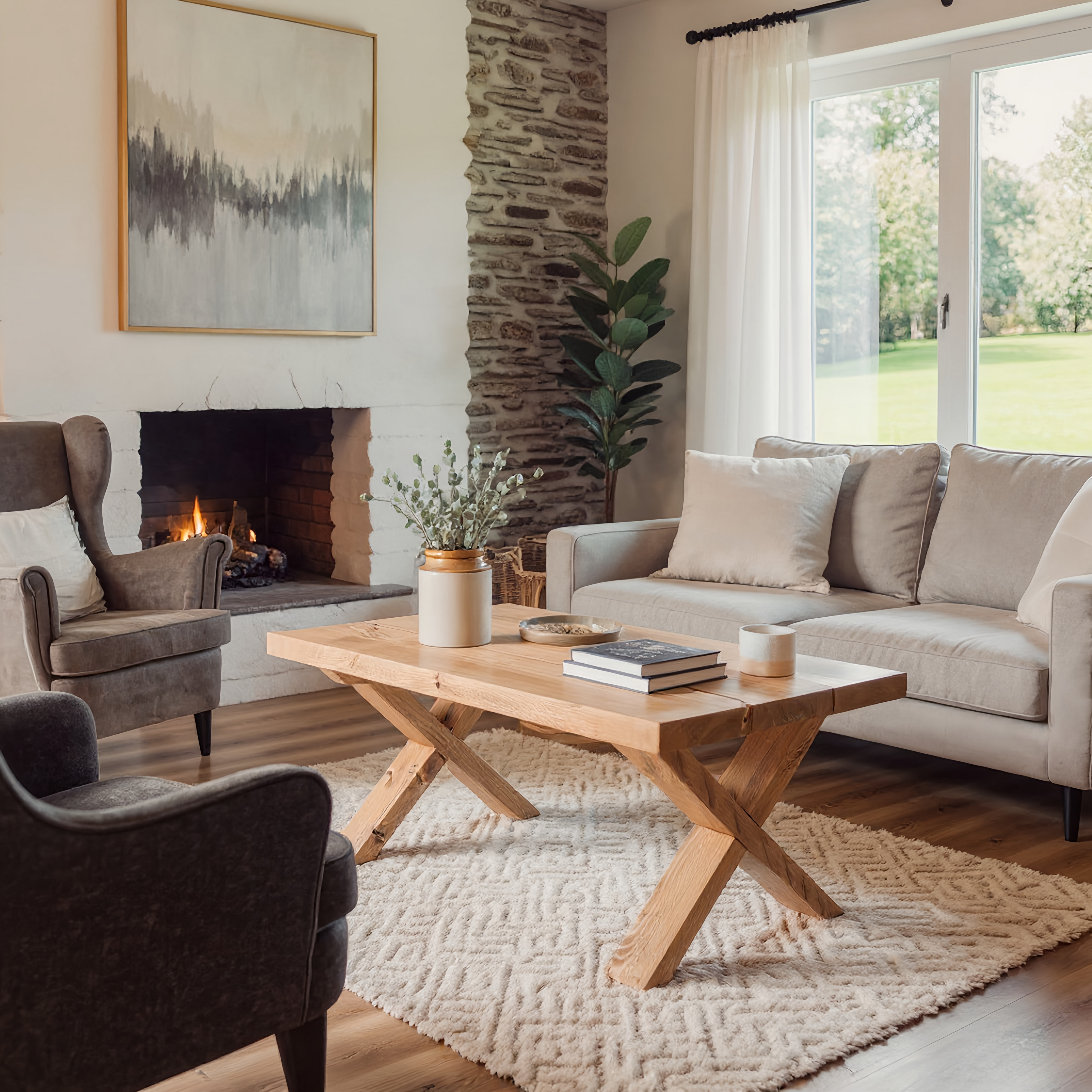 MAYA Solid Wood Cross Leg Farmhouse Coffee Table - My Store